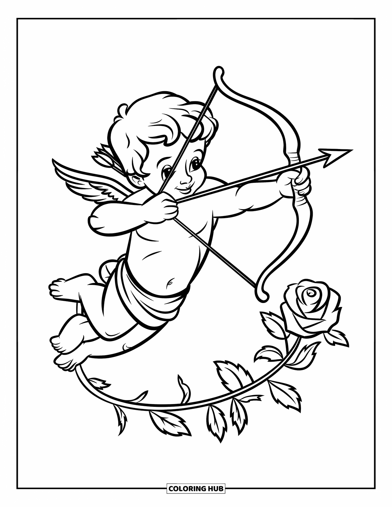 Valentine Coloring Page for Kids: Cupid aiming an arrow through a rose heart