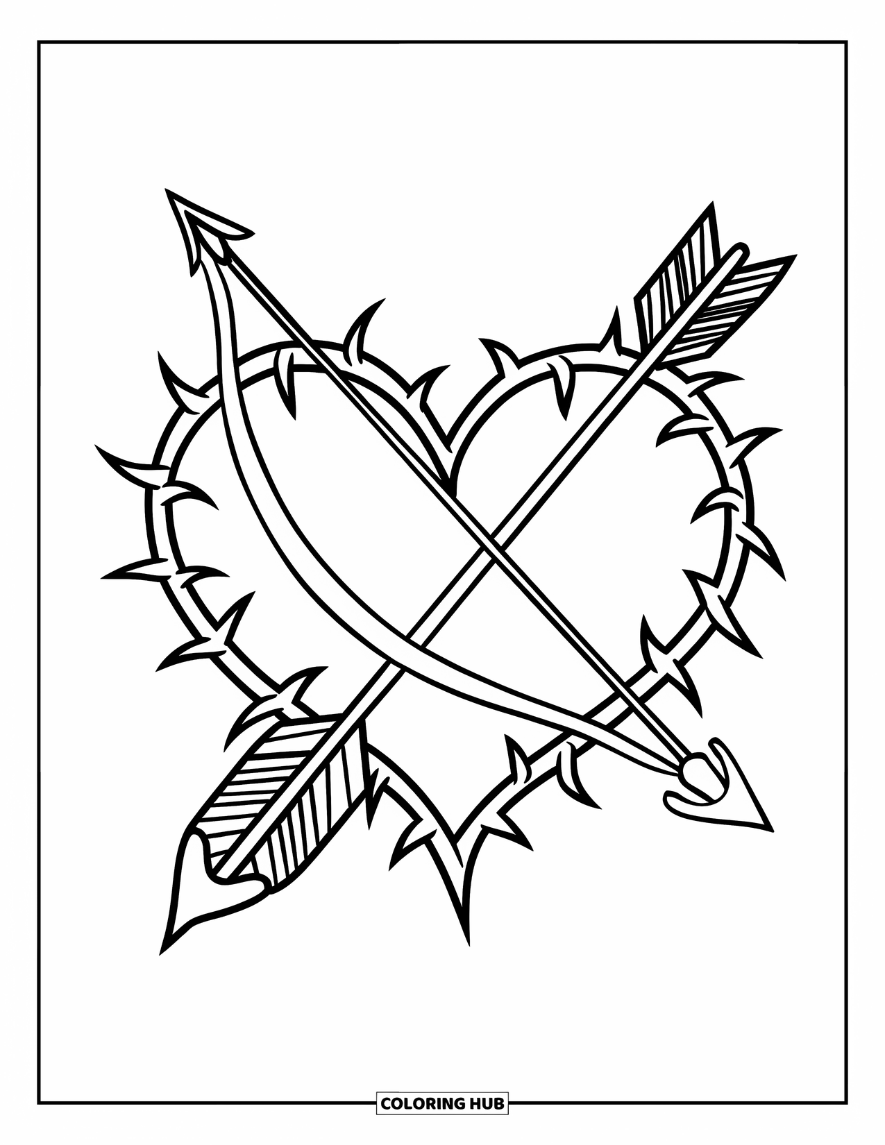Valentine Coloring Page for Kids: Cupid's bow and arrow with a thorny rose heart