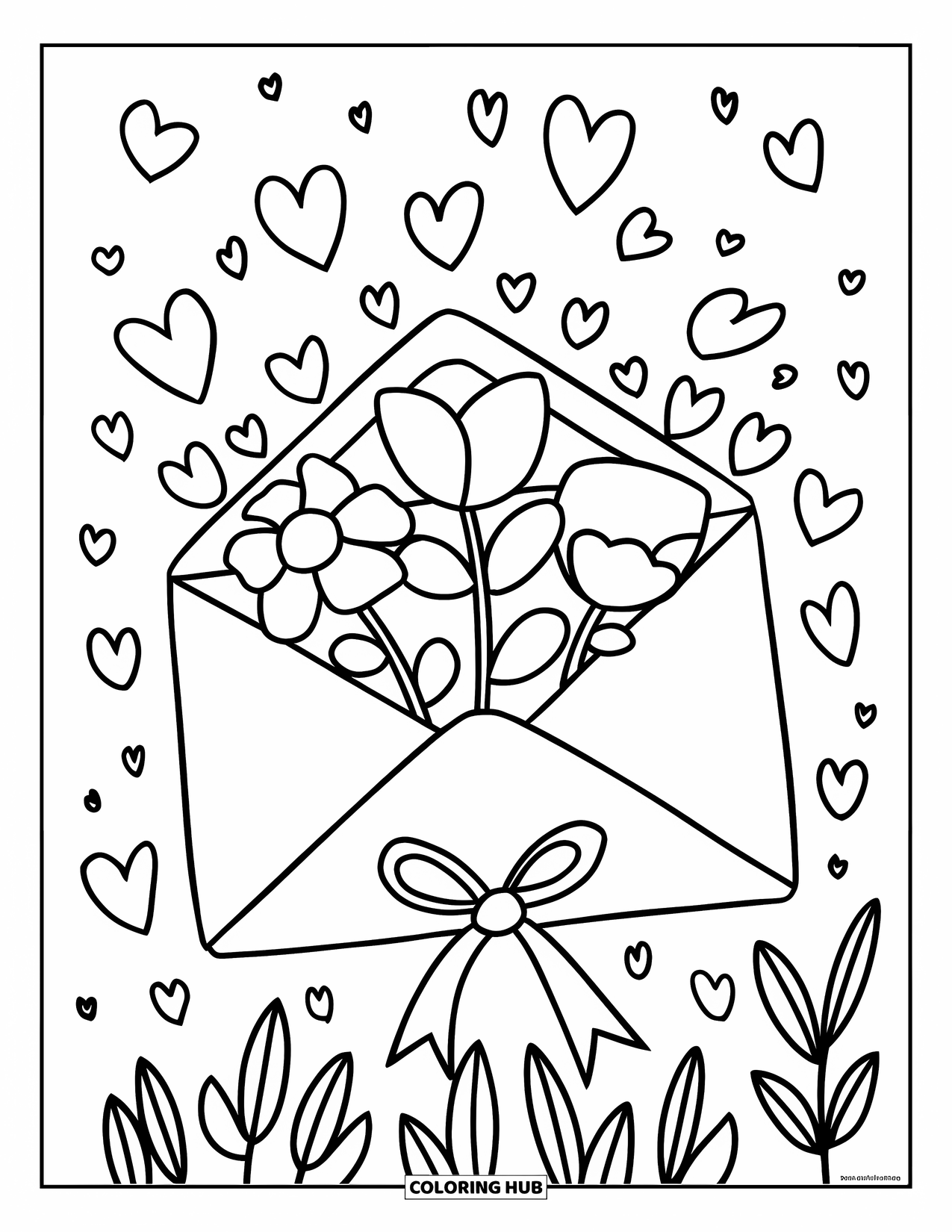 Valentine Coloring Page for Kids: Envelope tied with a ribbon releasing hearts and petals