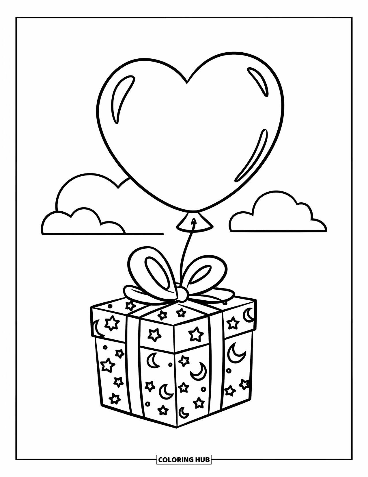 Valentine Coloring Page for Kids: Gift box with star patterns tied to heart balloon