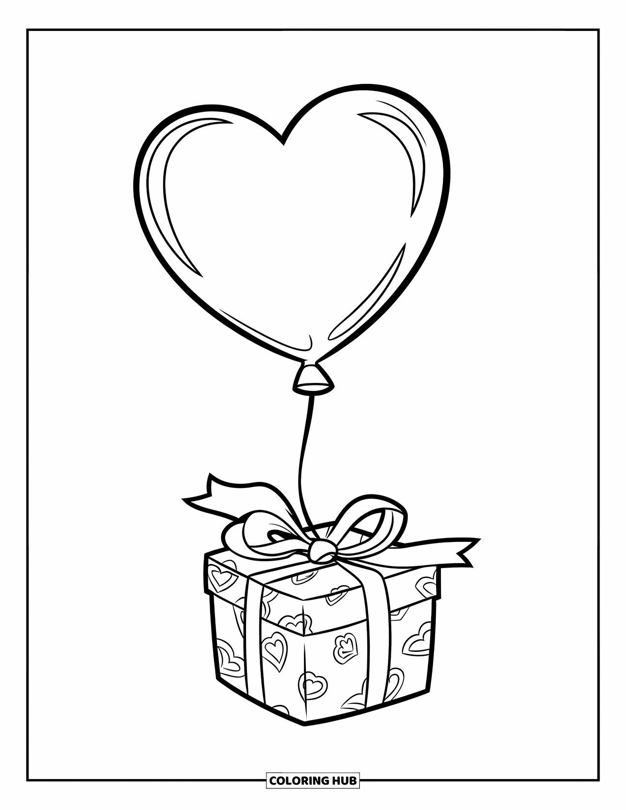 Valentine Coloring Page for Kids: Heart balloon tied to a small gift box
