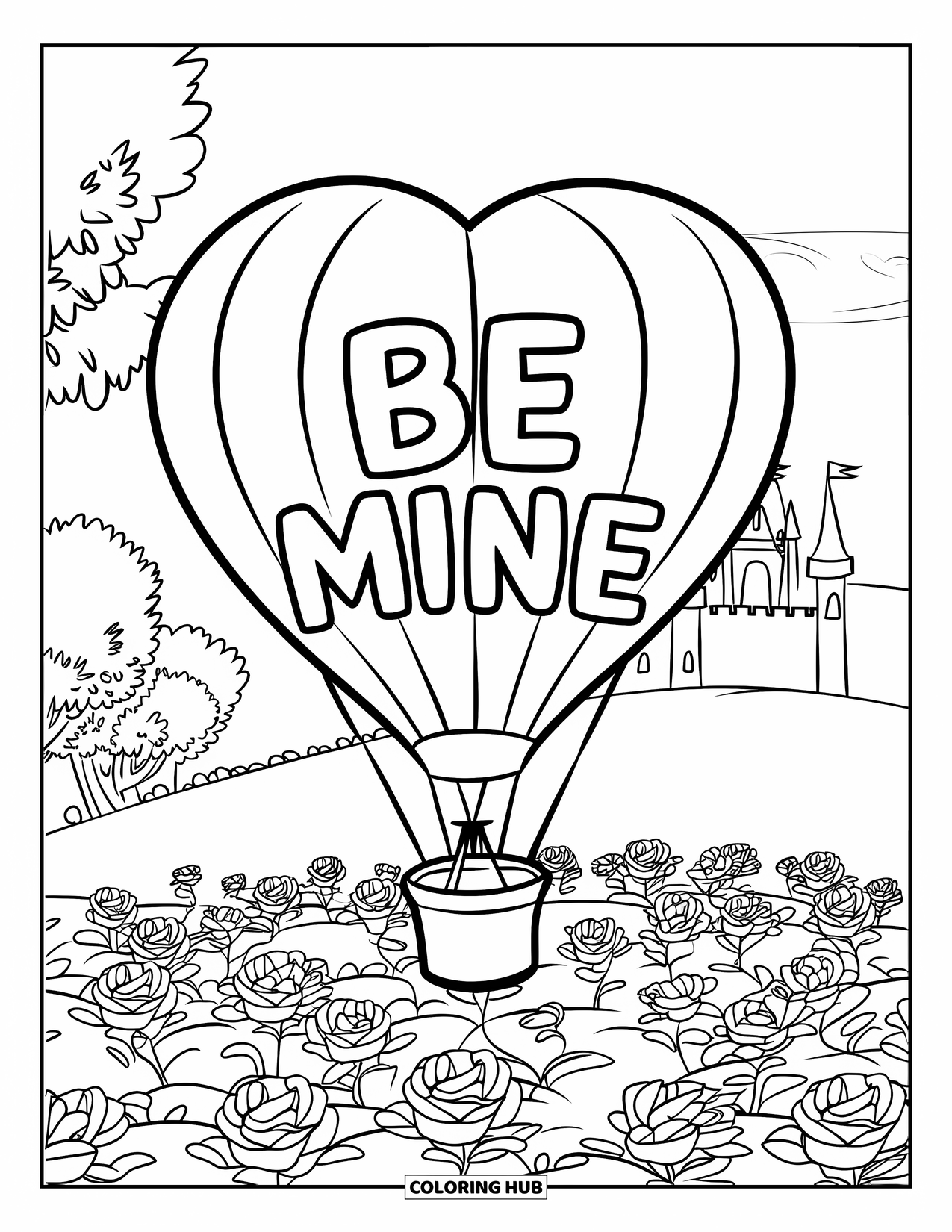 Valentine Coloring Page for Kids: Heart balloon with "Be Mine" over blooming roses