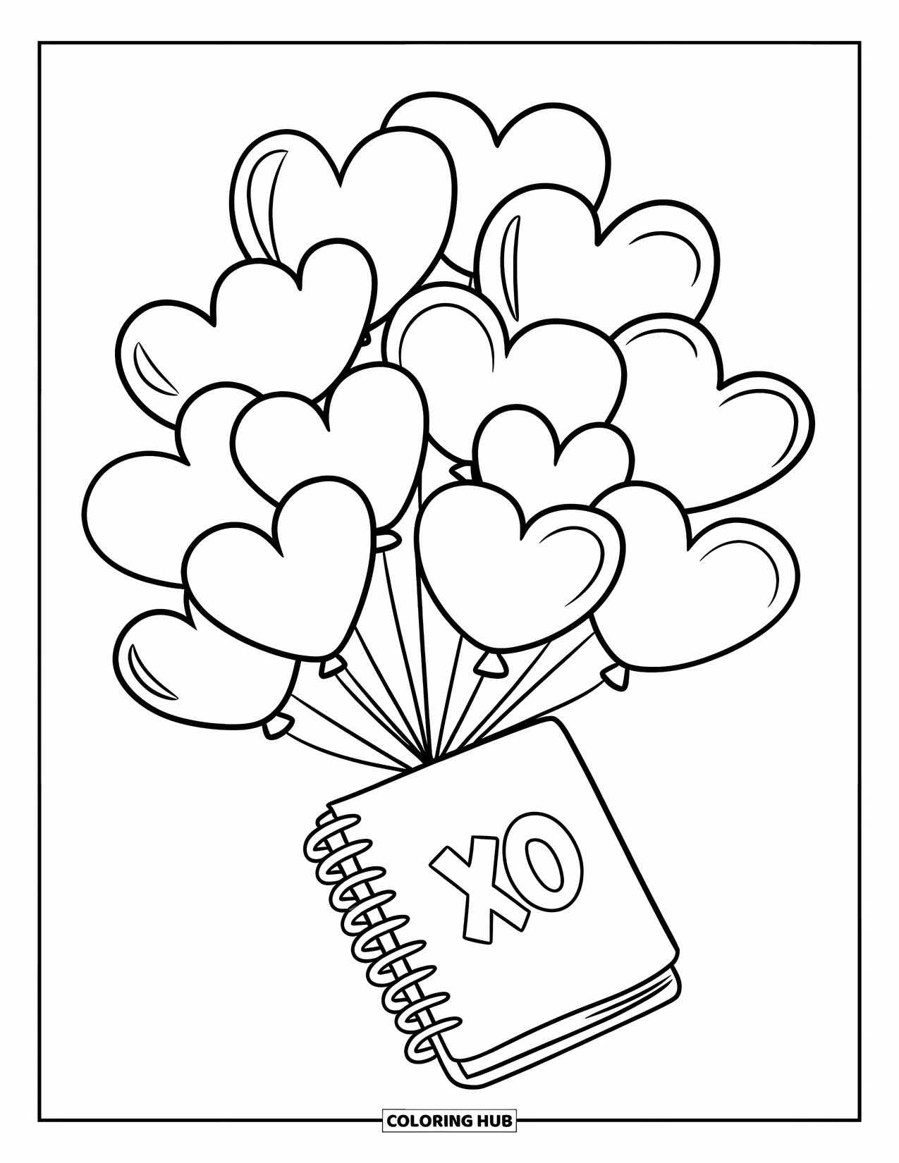 Valentine Coloring Page for Kids: Heart balloons tied to a notebook with "XO" cover