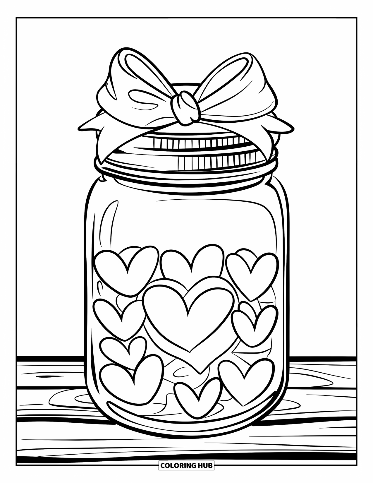 Valentine Coloring Page for Kids: Heart-filled mason jar with a bow on top