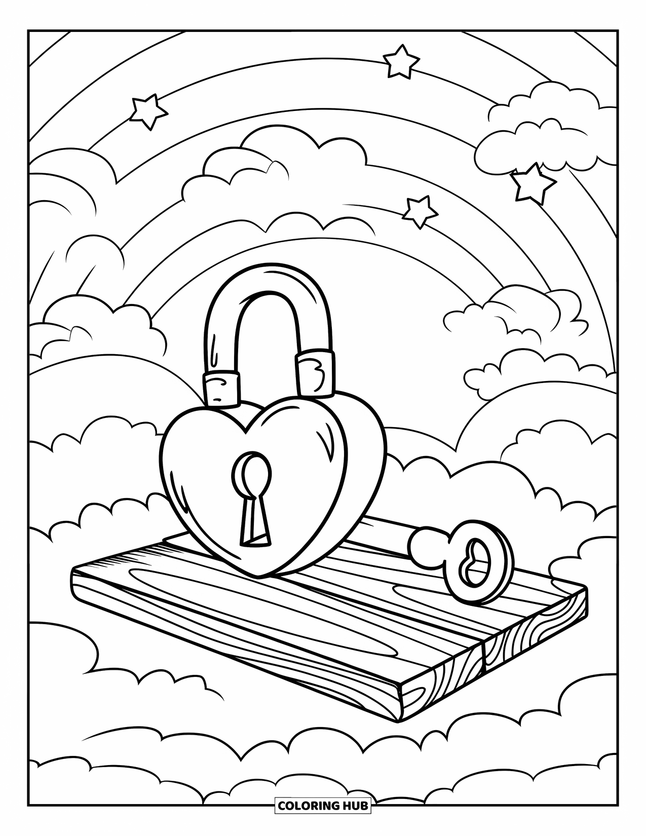 Valentine Coloring Page for Kids: Heart lock and key floating on fluffy clouds
