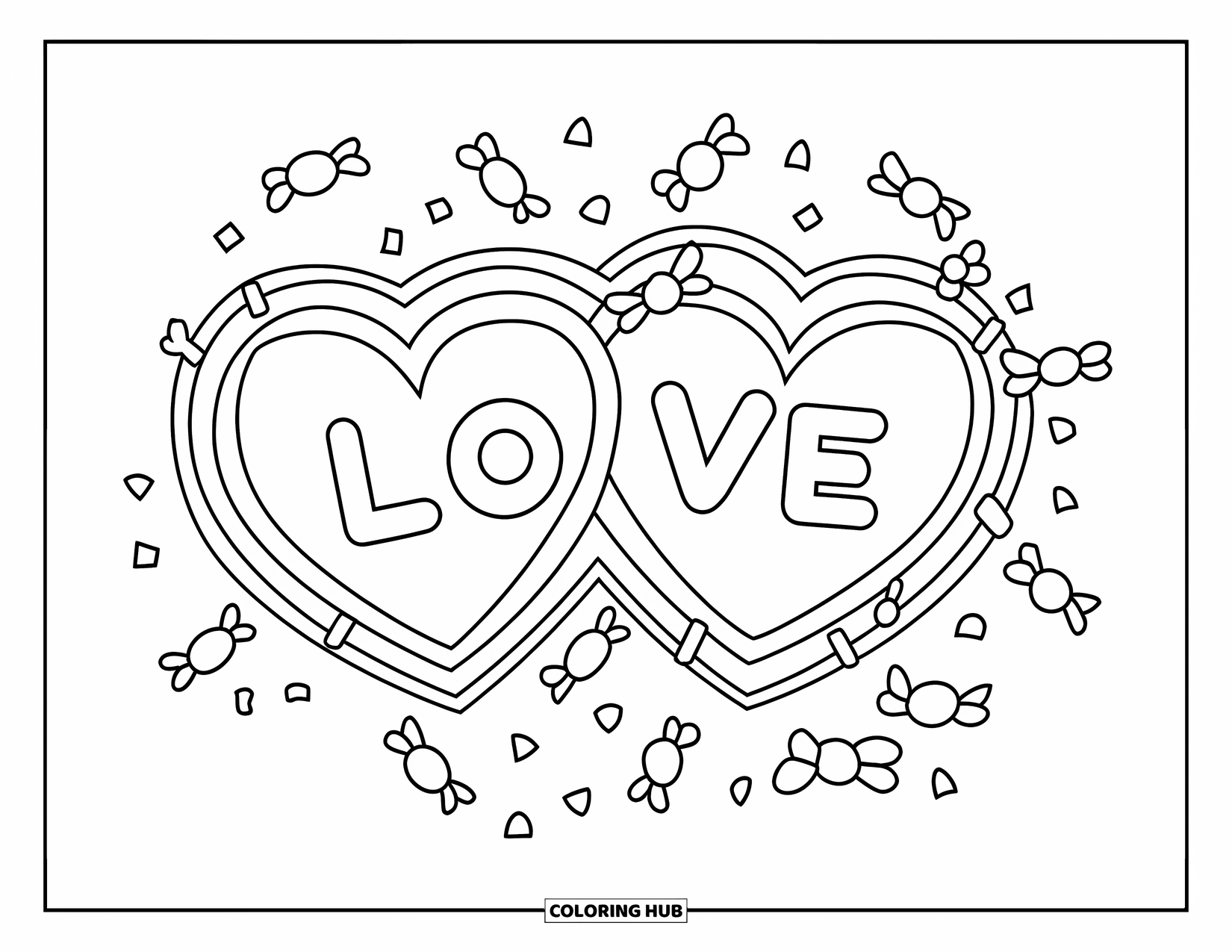 Valentine Coloring Page for Kids: Hearts spelling "LOVE" surrounded by candies