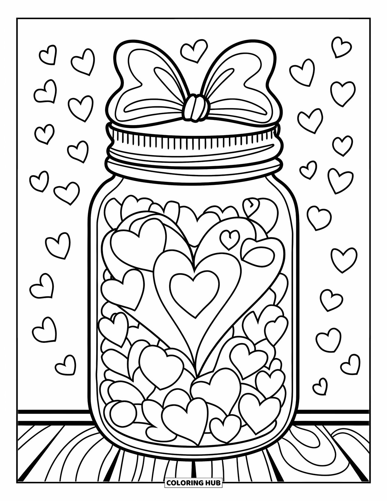 Valentine Coloring Page for Kids: Jar with hearts and a bow on a table