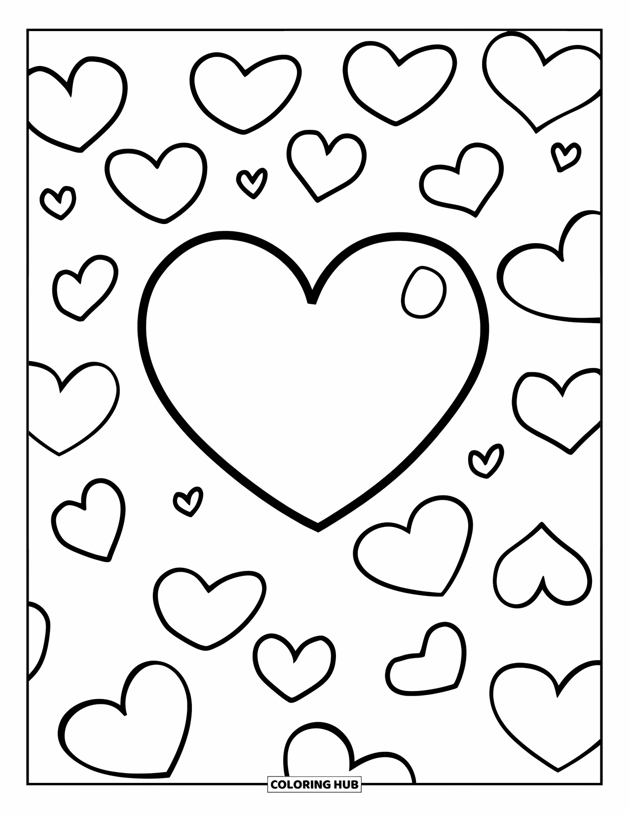 Valentine Coloring Page for Kids: Large heart with floating hearts above it