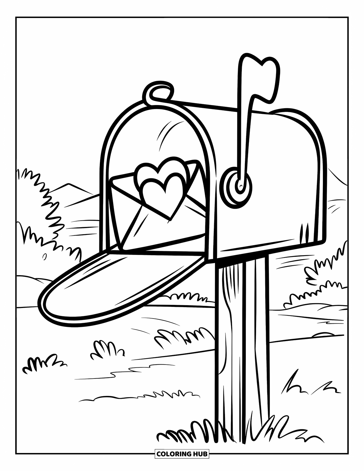 Valentine Coloring Page for Kids: Mailbox on a post with a heart envelope