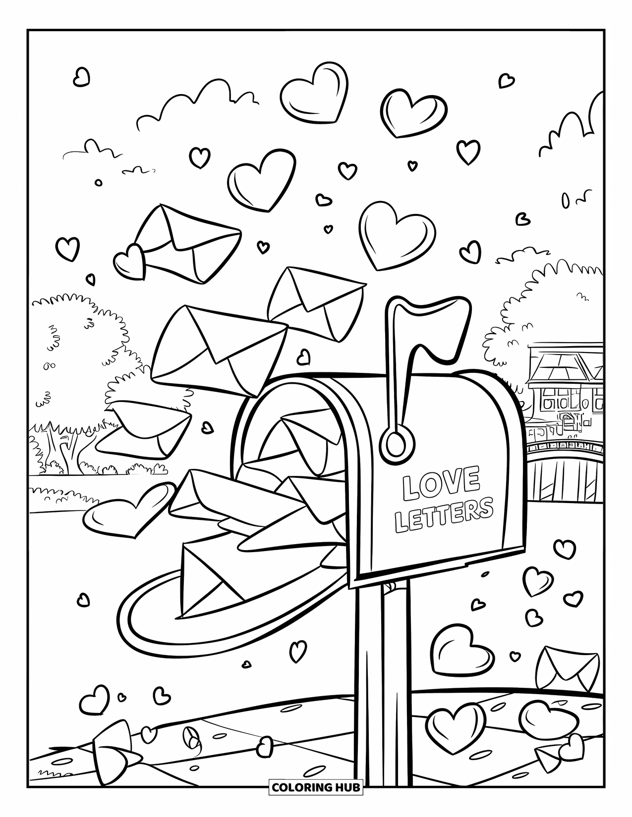Valentine Coloring Page for Kids: Mailbox overflowing with love letters and confetti