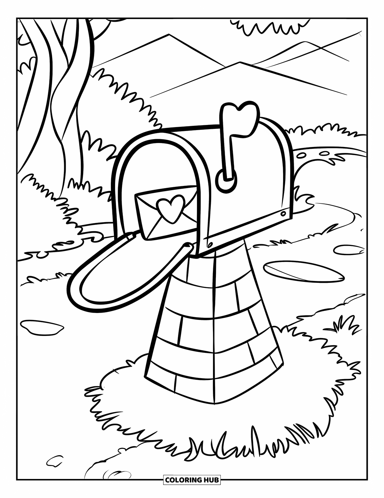 Valentine Coloring Page for Kids: Mailbox with a heart envelope near trees