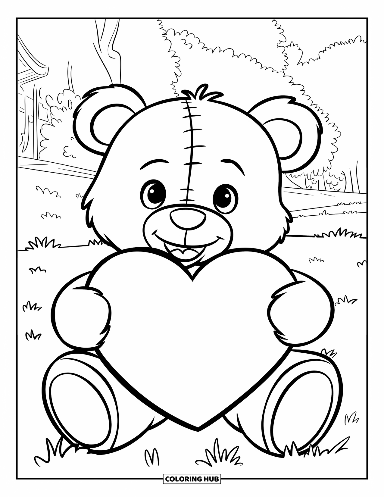 Valentine Coloring Page for Kids: Teddy bear with heart sitting in a field