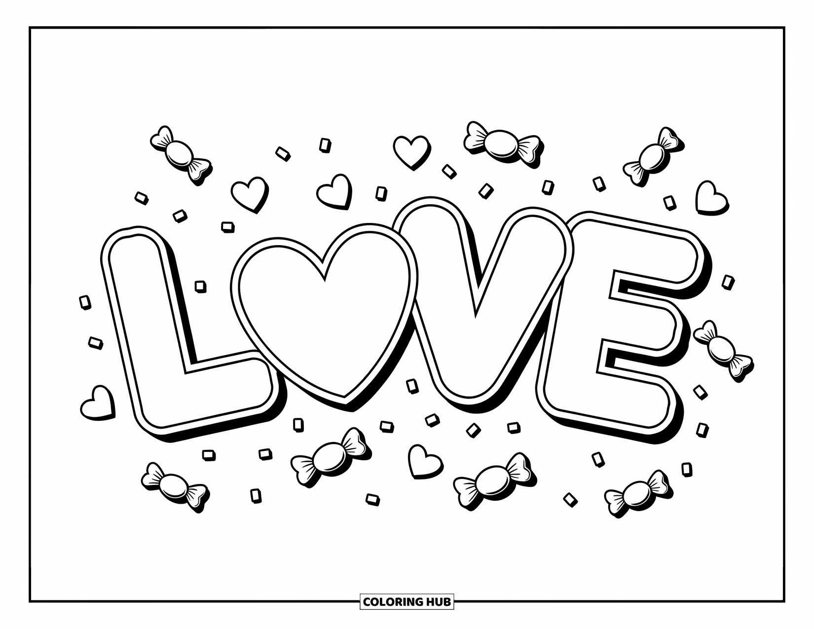 Valentine Coloring Page for Kids: The word "LOVE" made of hearts and candies