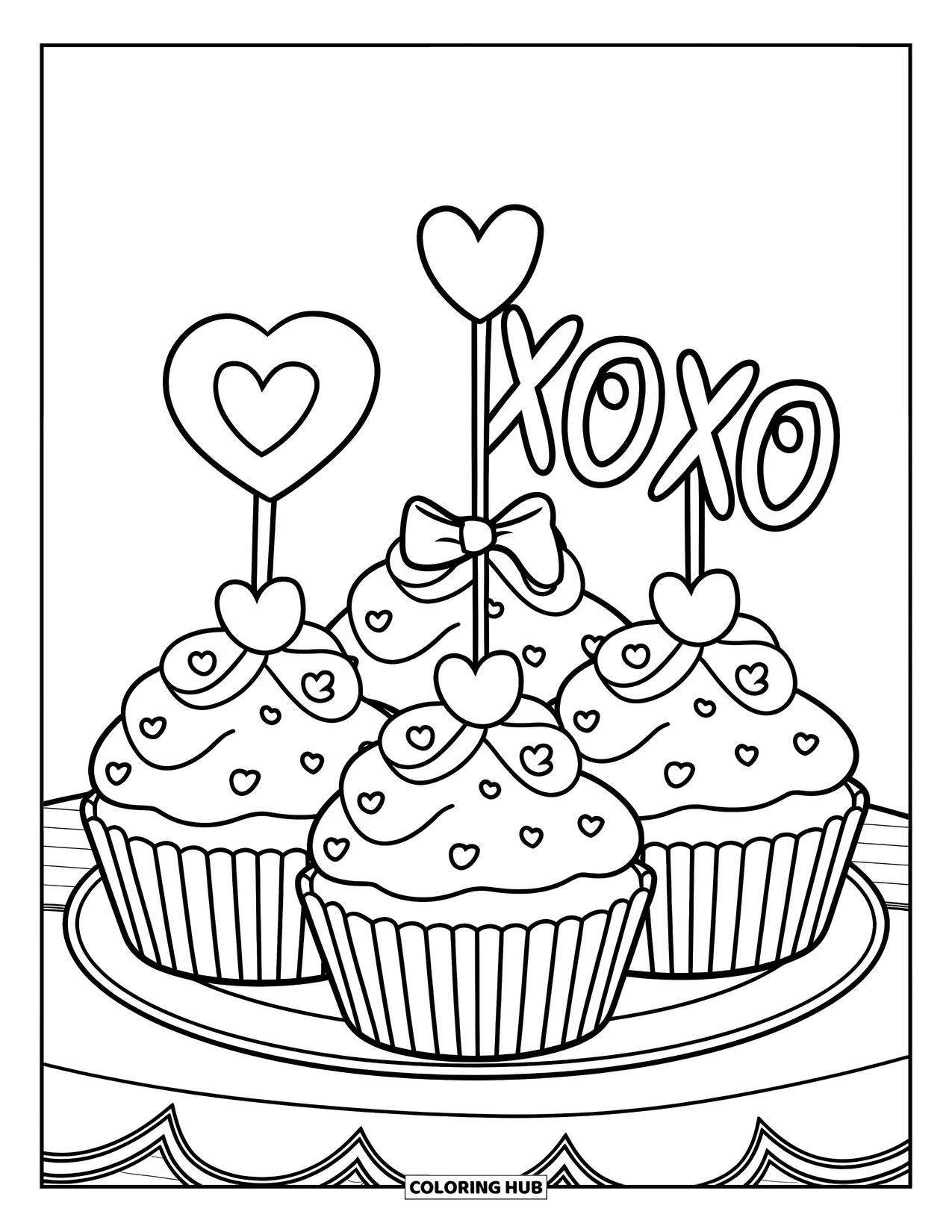Valentine Coloring Page for Kids: Three cupcakes with heart, bow, and "XOXO" decorations