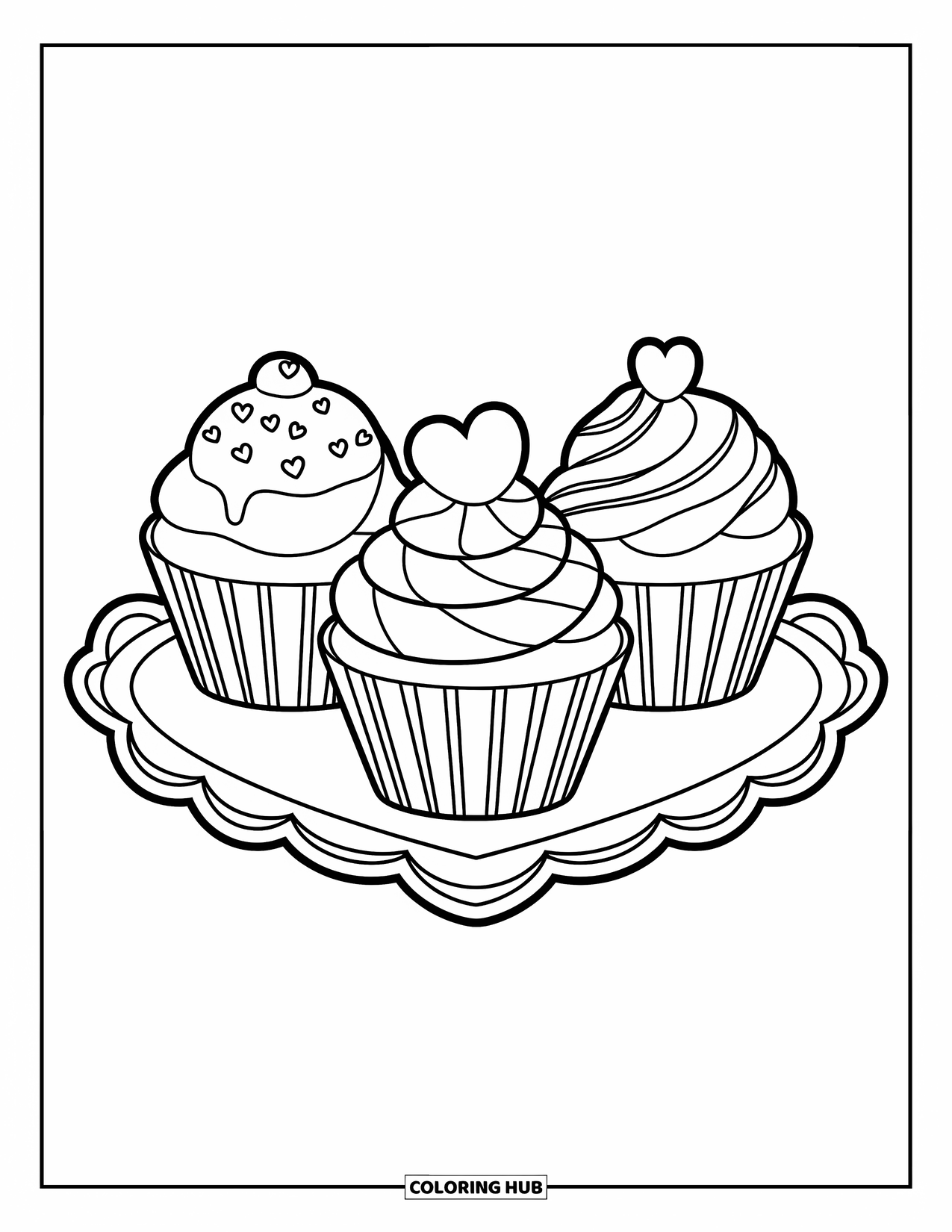 Valentine Coloring Page for Kids: Three cupcakes with Valentine toppings on a heart plate
