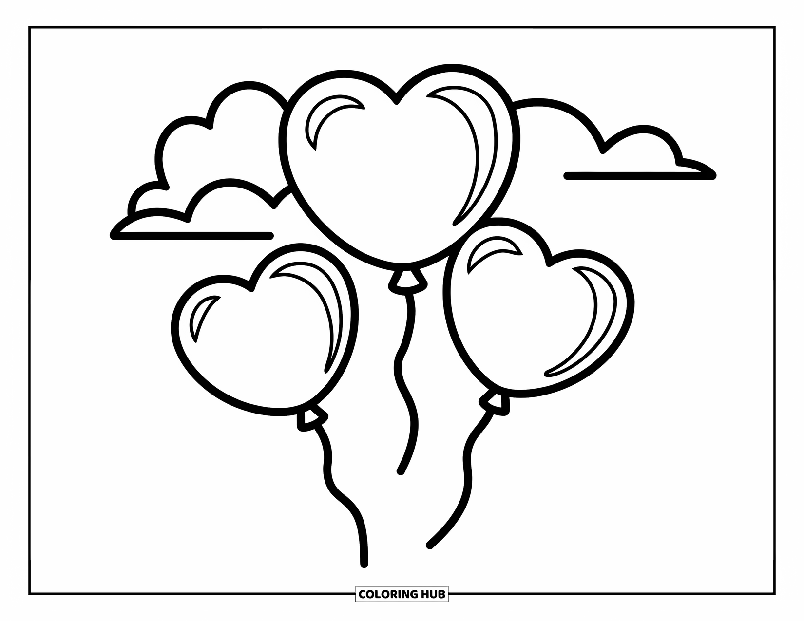 Valentine Coloring Page for Kids: Three heart balloons floating in the air