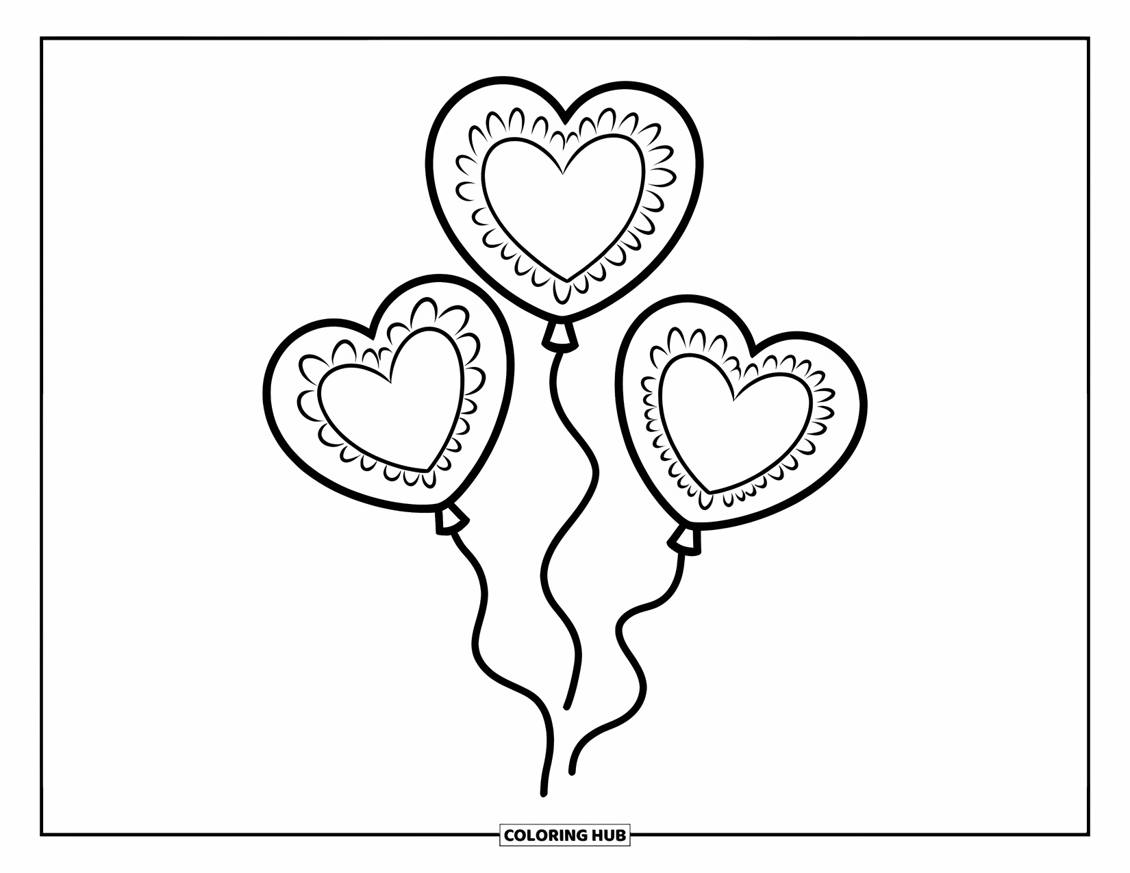 Valentine Coloring Page for Kids: Three heart balloons with patterns and strings