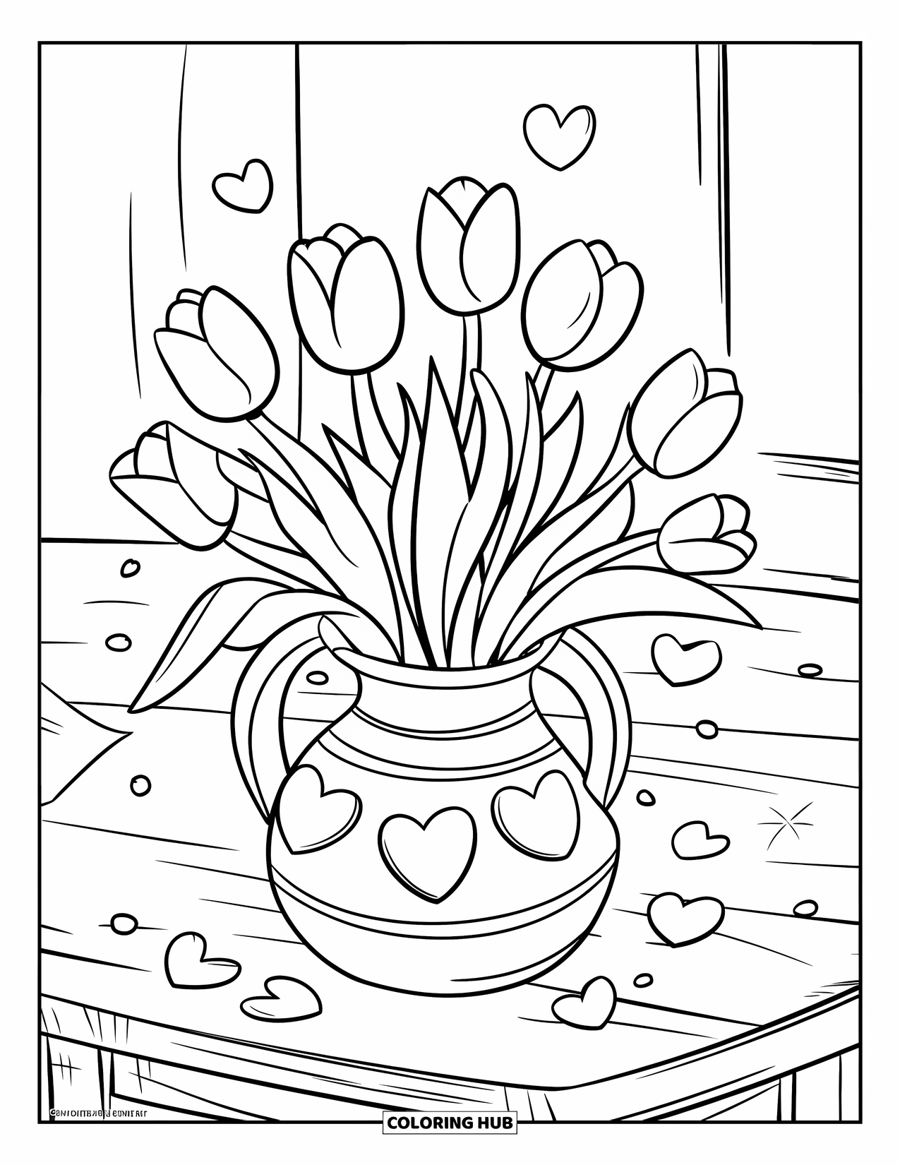 Valentine Coloring Page for Kids: Tulips in a vase with hearts and stars