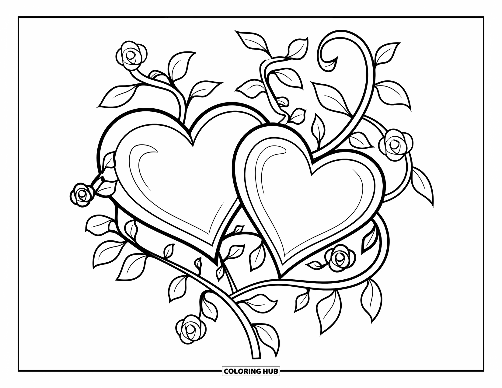 Valentine Coloring Page for Kids: Two intertwined hearts with vines and scattered roses