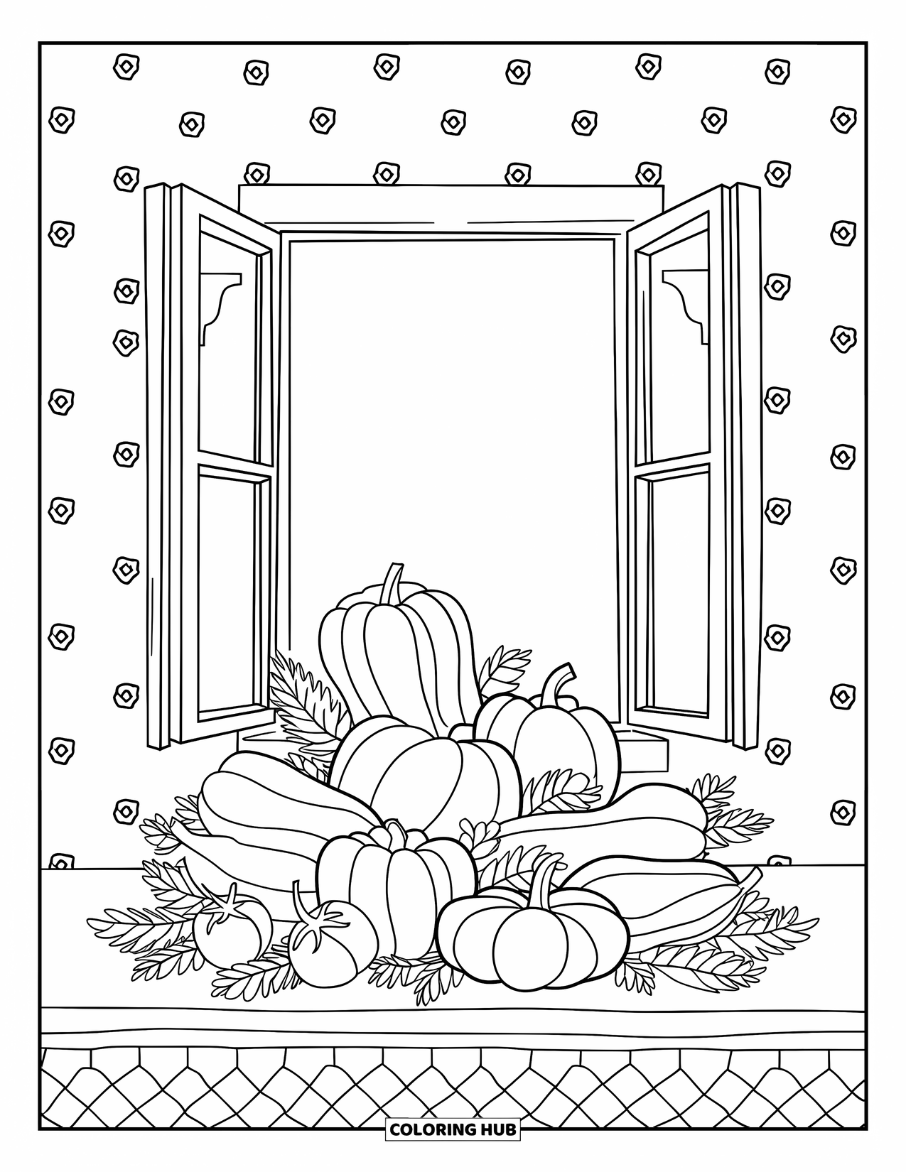 Vegetable Coloring Page for Adults: A cozy window scene with stacked veggies, checkered floors, and leafy greens on a table