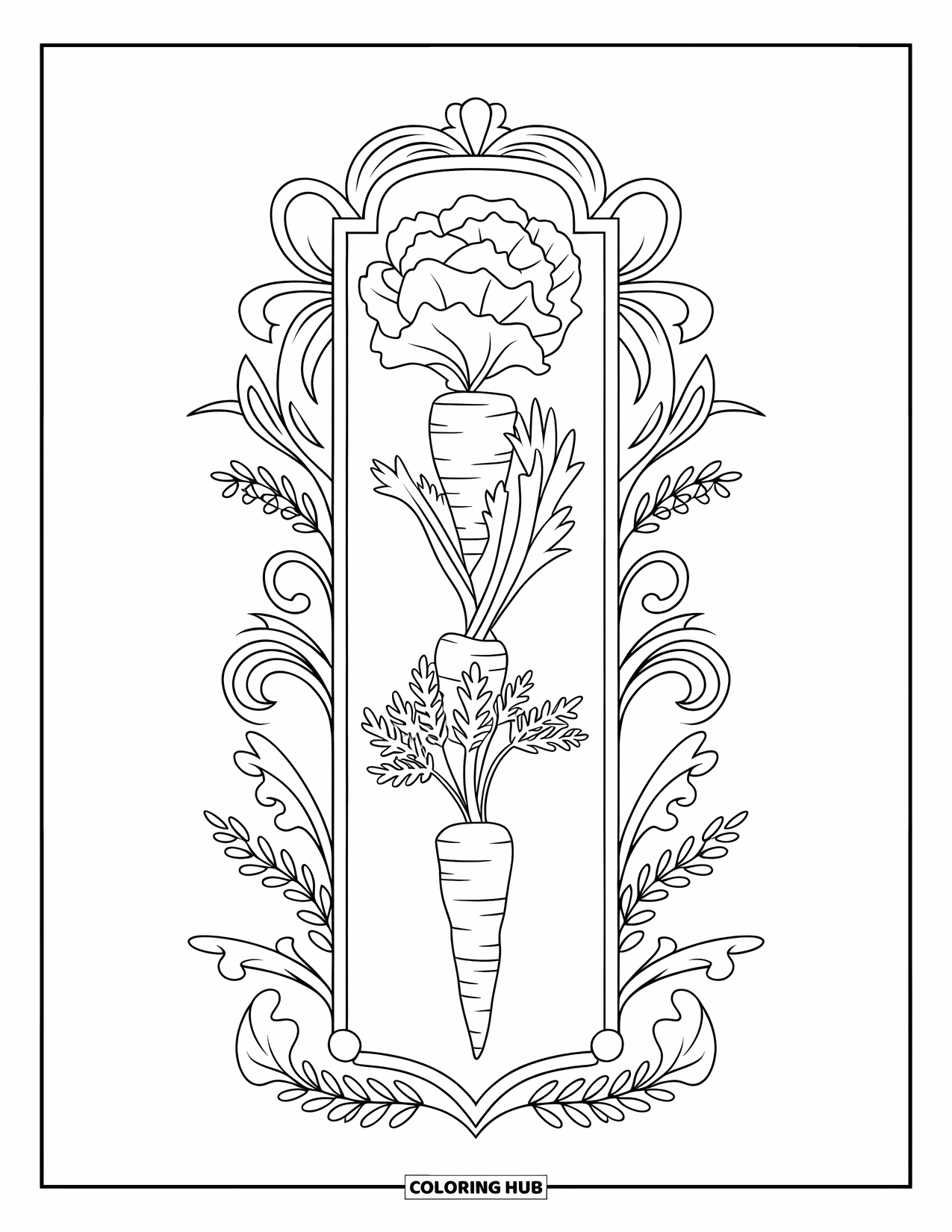 Vegetable Coloring Page for Adults: A neat veggie stack framed by graceful vines and tiny decorative touches