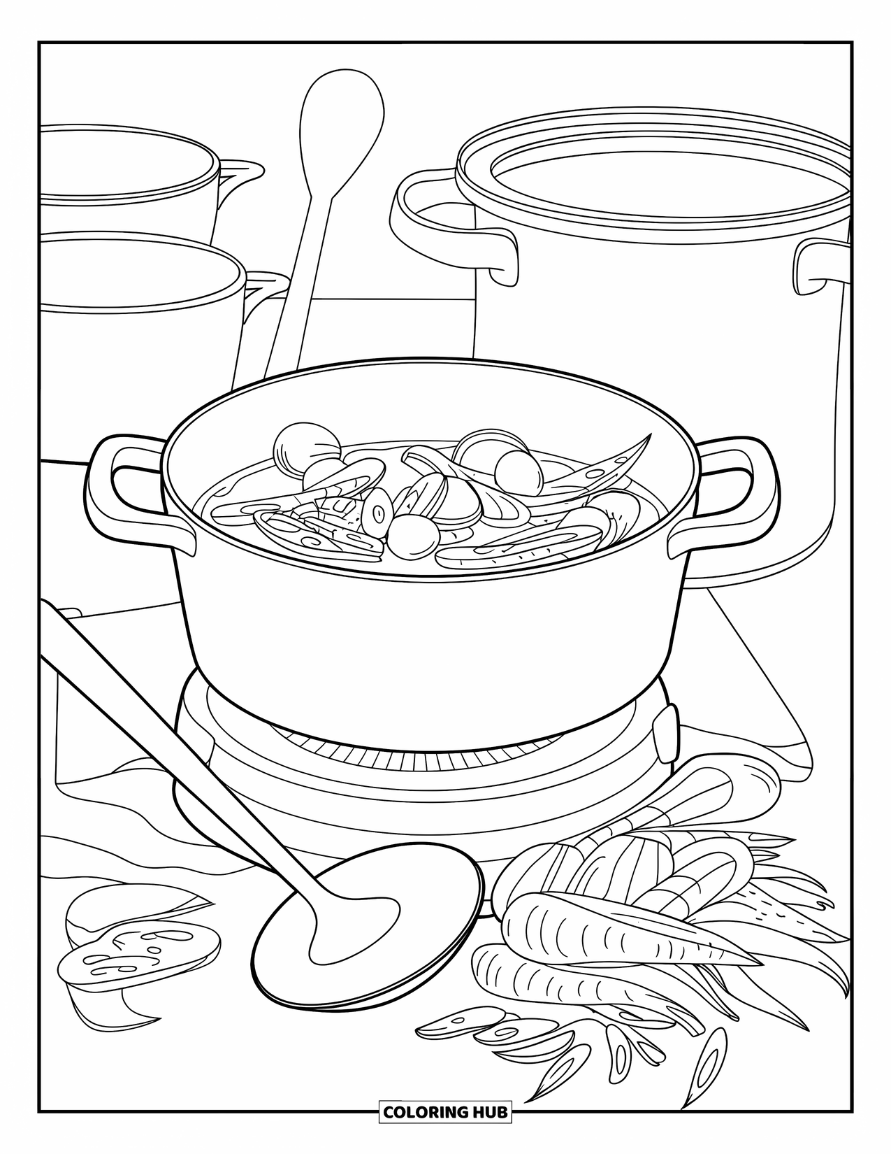Vegetable Coloring Page for Adults: A pot of vegetable stew simmers beside a ladle and a pile of freshly peeled veggies