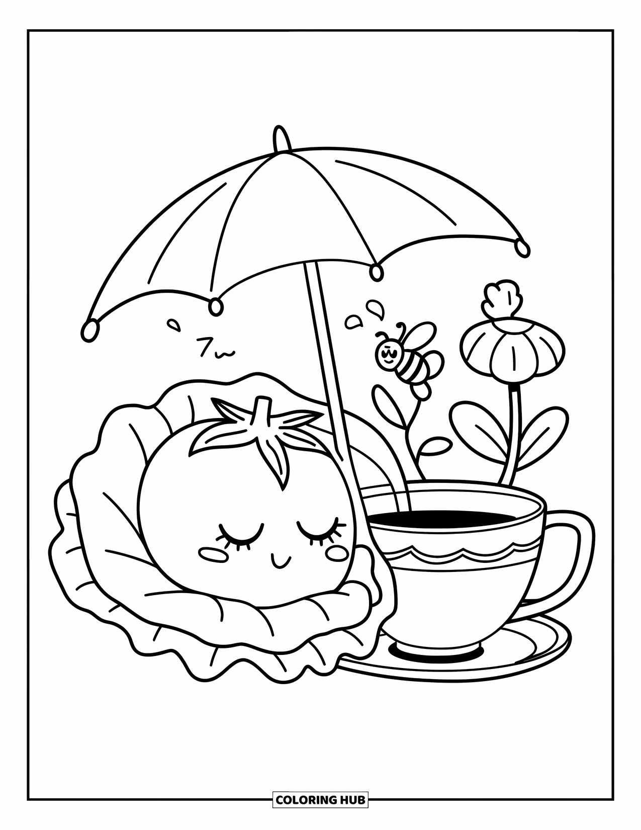 Vegetable Coloring Page for Adults: A sleepy tomato naps under a leaf umbrella beside tea and playful garden critters