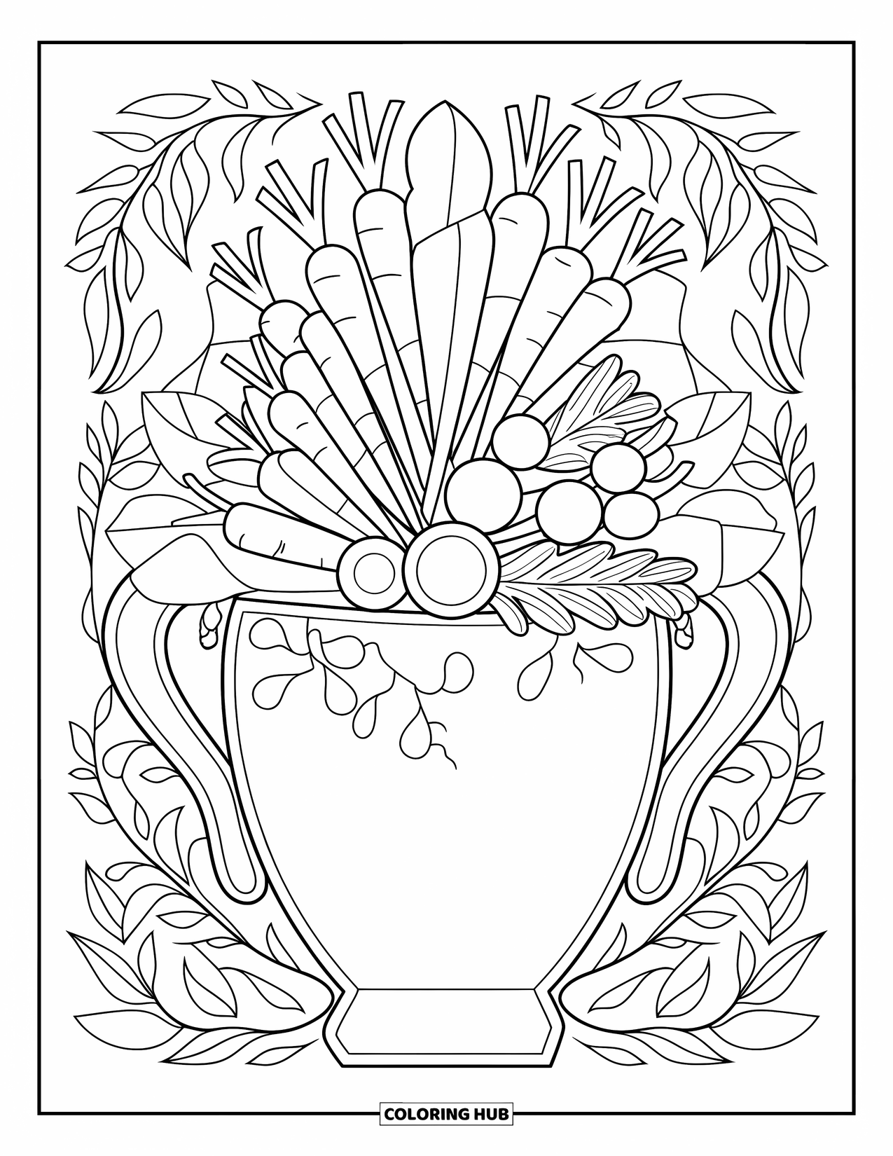 Vegetable Coloring Page for Adults: A vase overflows with veggies like carrots and radishes, framed by leaves and vines