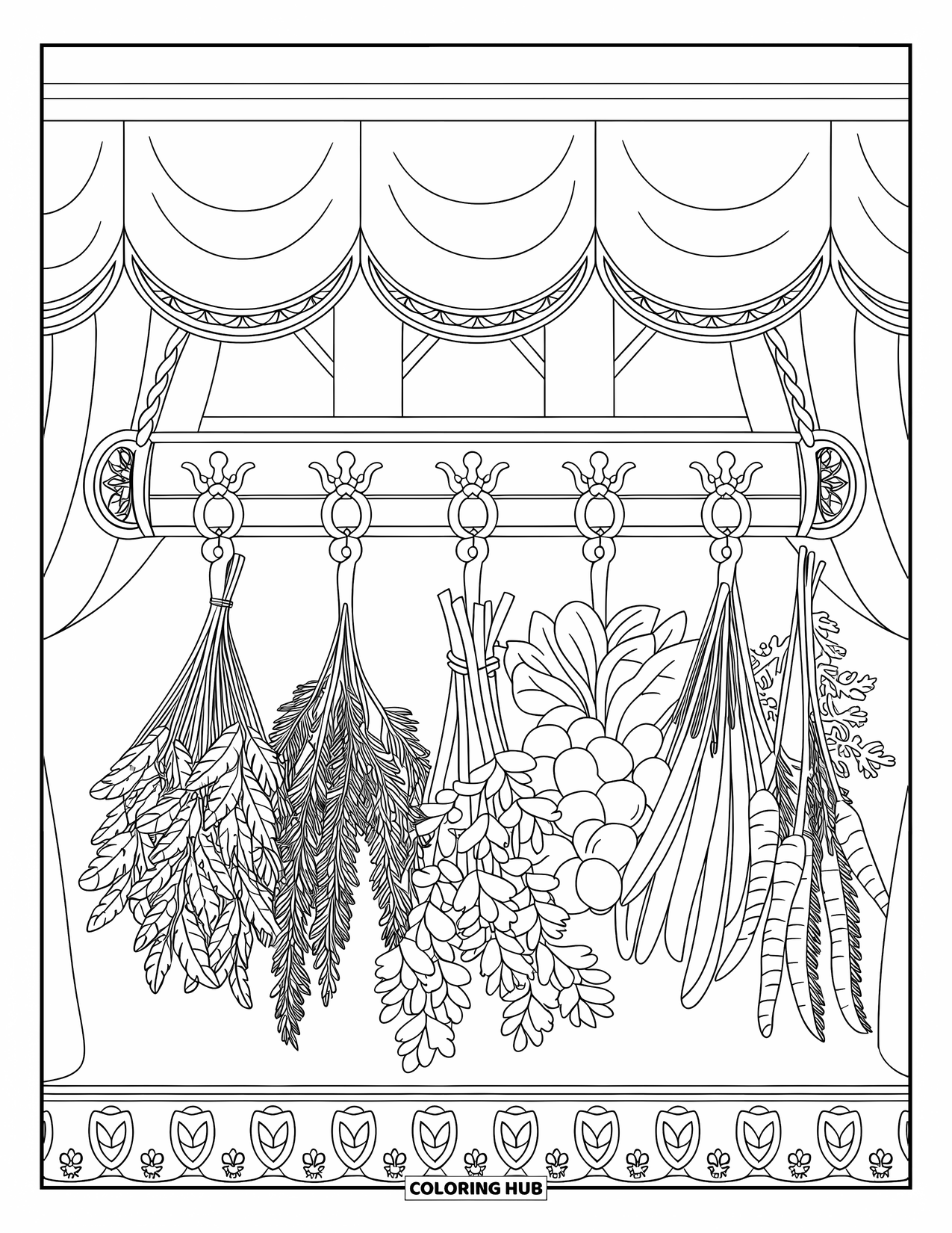 Vegetable Coloring Page for Adults: A window-side rack displays tied bunches of herbs and vegetables in tidy rows