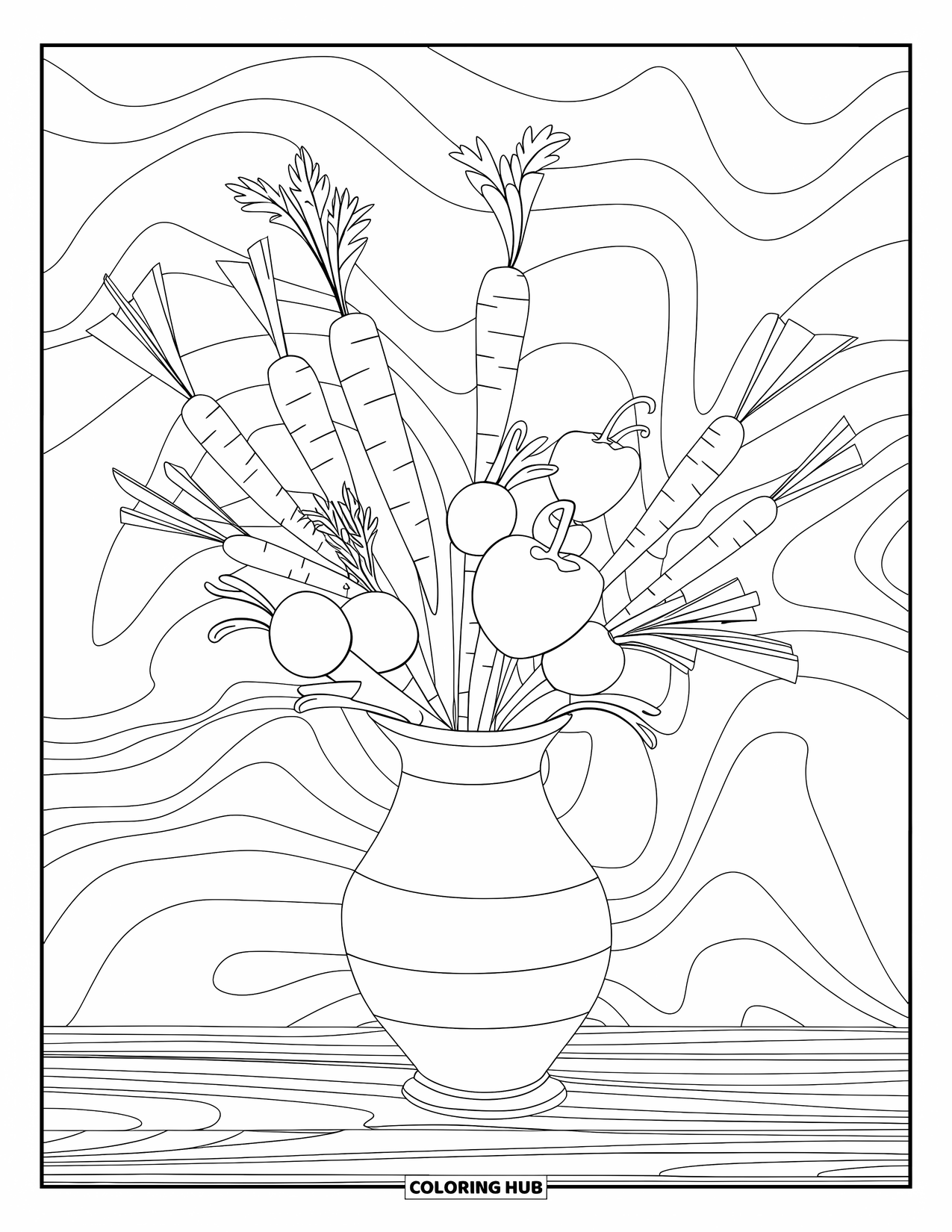 Vegetable Coloring Page for Adults: Carrots and peppers fill a vase on a wooden table with flowing background patterns