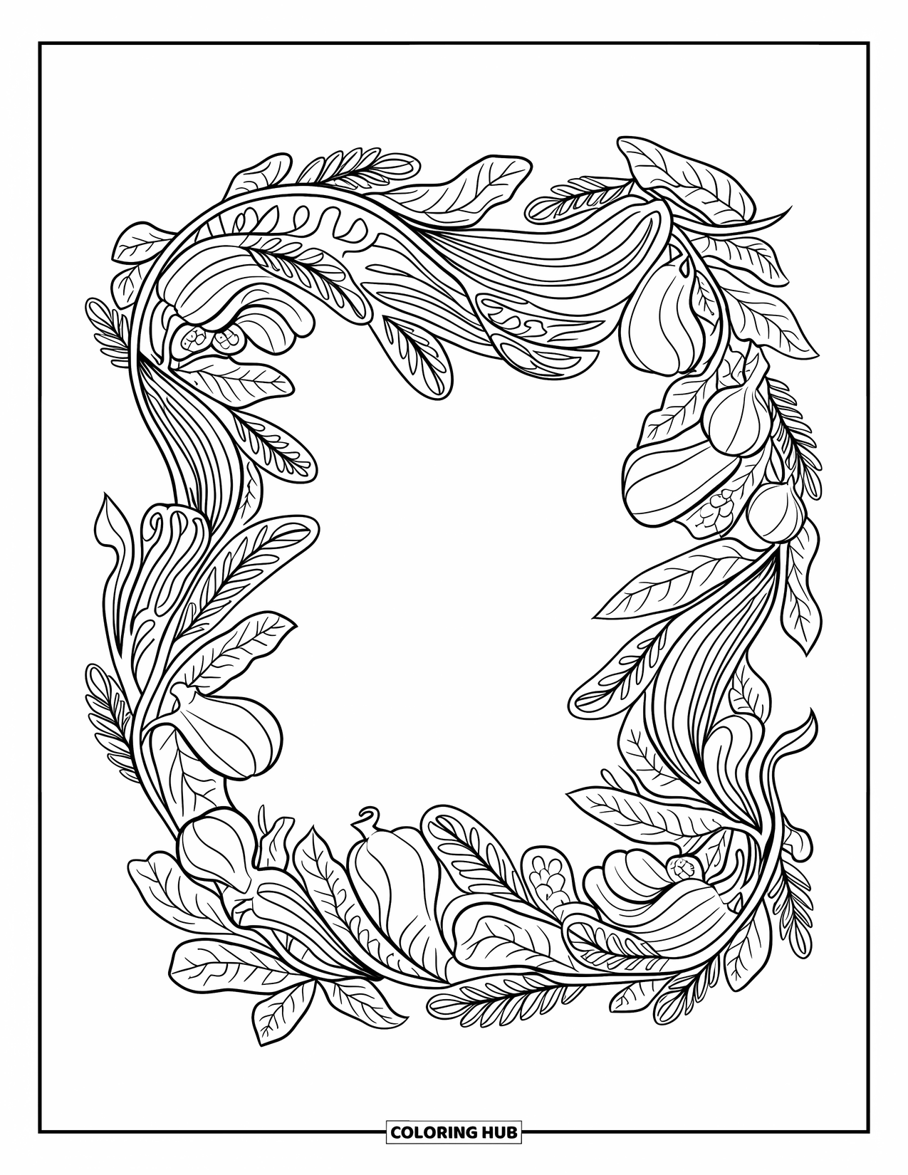 Vegetable Coloring Page for Adults: Decorative veggies and vines form a soft frame filled with curves, leaves, and shapes