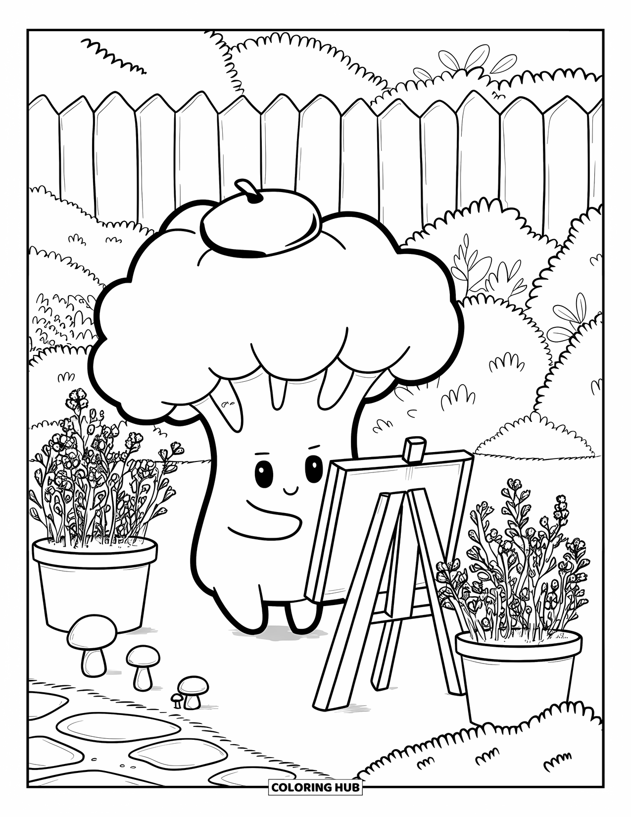 Vegetable Coloring Page for Adults: Peaceful broccoli paints on a mini canvas surrounded by herbs, mushrooms, and garden charm