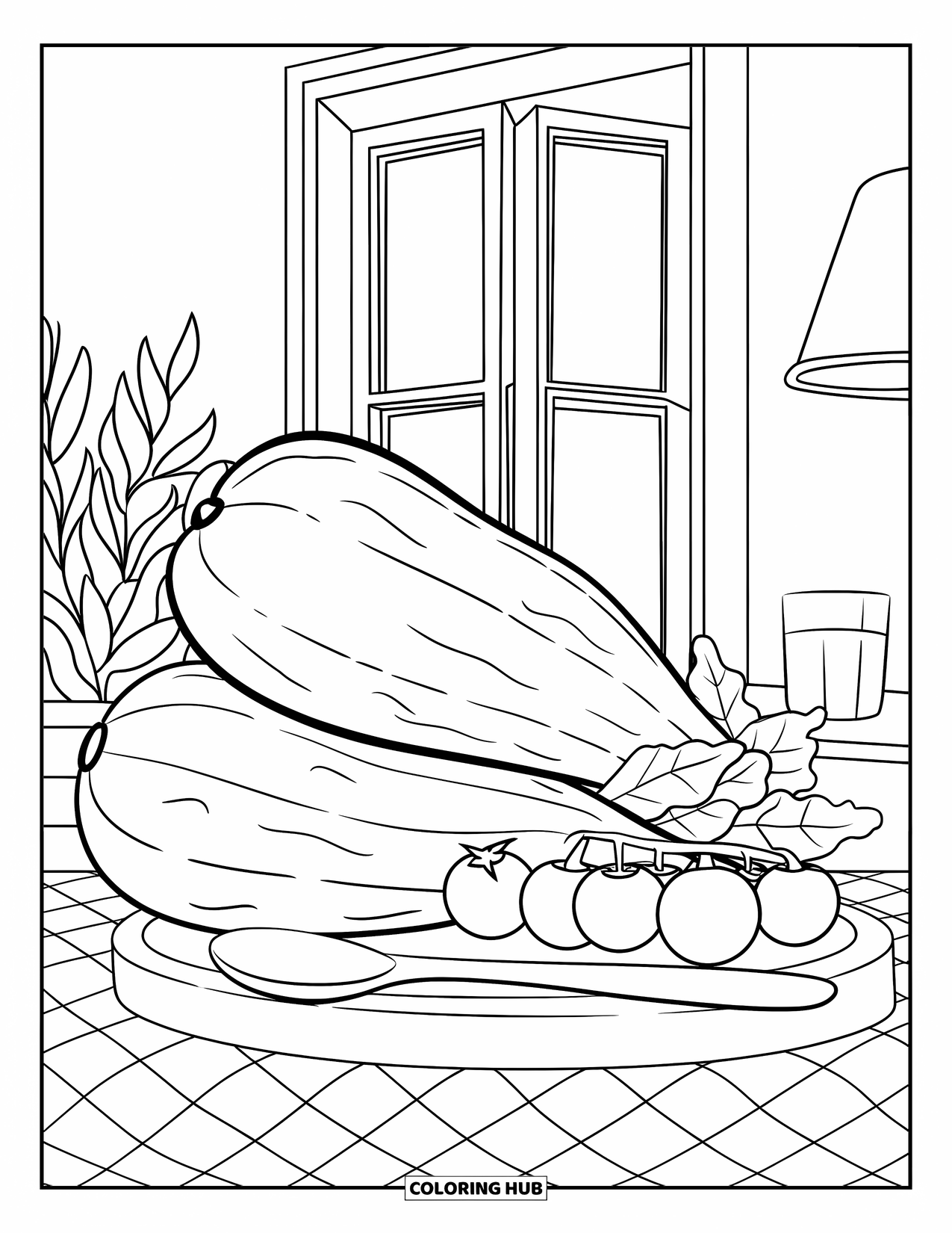 Vegetable Coloring Page for Adults: Squashes and greens rest on a checkered table by a window with a plant and lamp