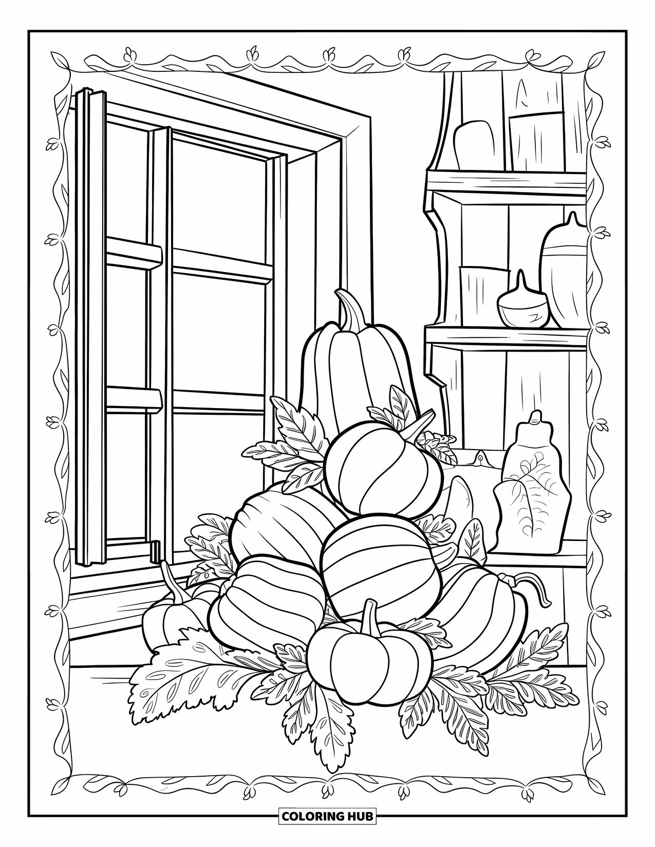 Vegetable Coloring Page for Adults: Stacked veggies sit near an open window with a rustic shelf and decorative border