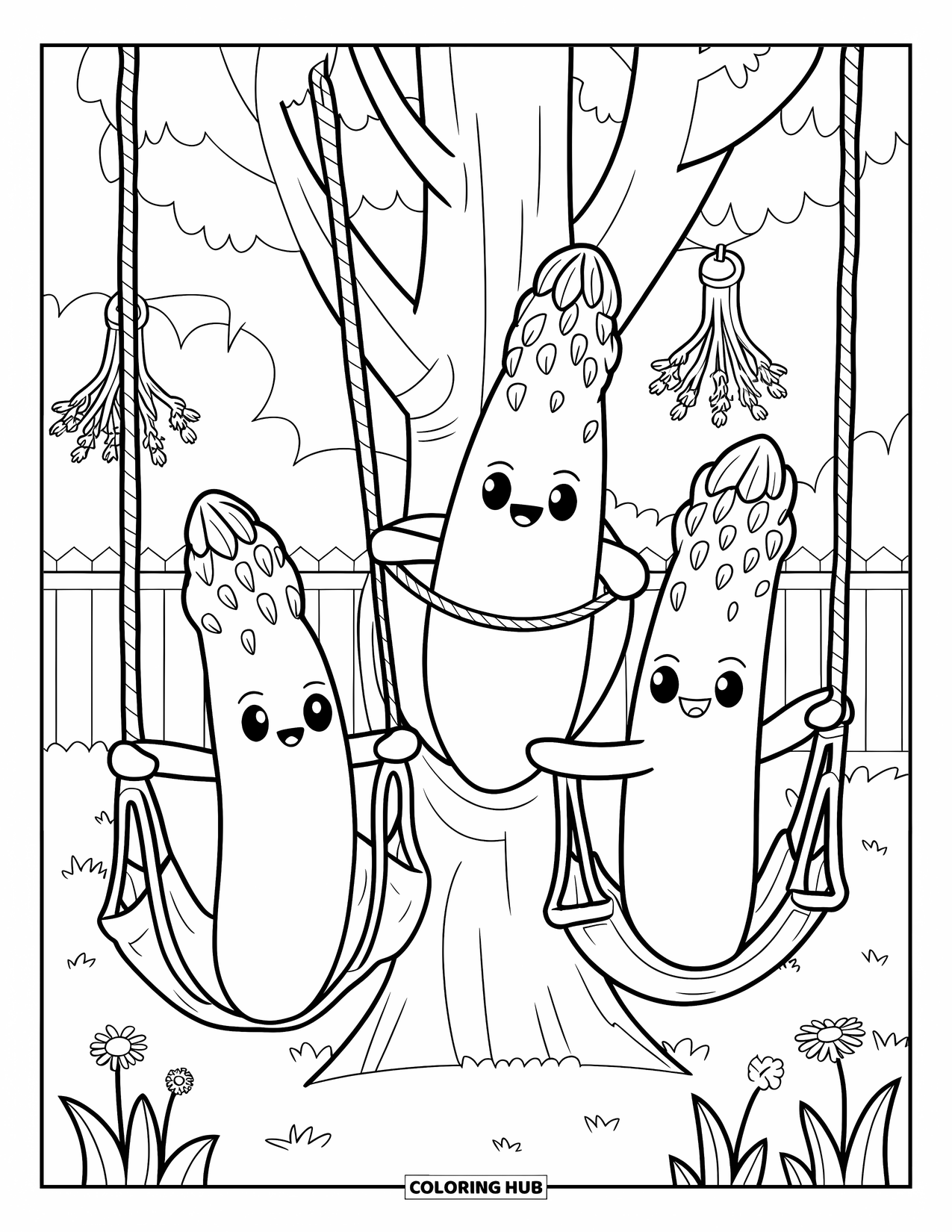 Vegetable Coloring Page for Adults: Three asparagus build a cozy treehouse with flower lanterns, hammocks, and rope ladders