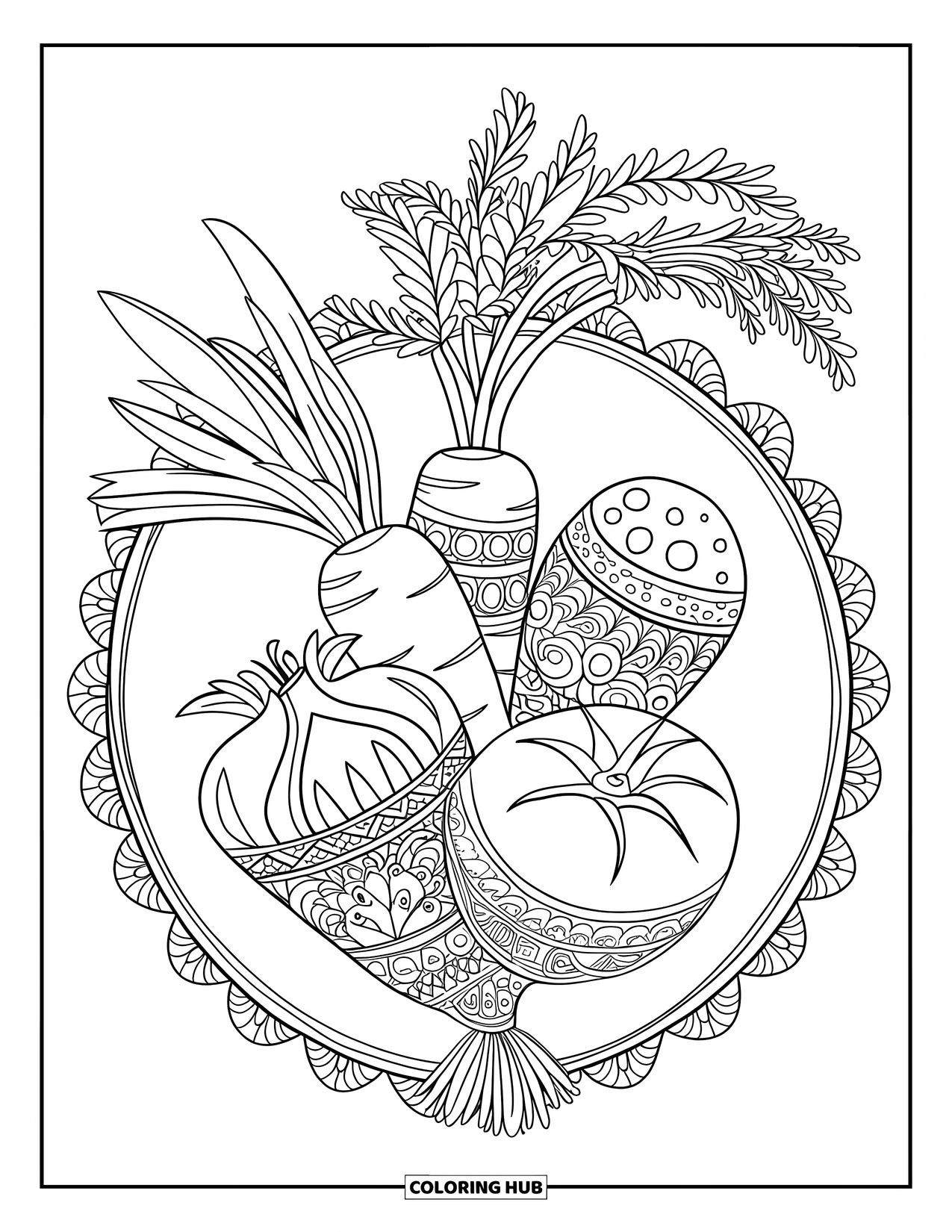Vegetable Coloring Page for Adults: Tomato, carrot, and onion blend with delicate patterns inside a softly rounded layout