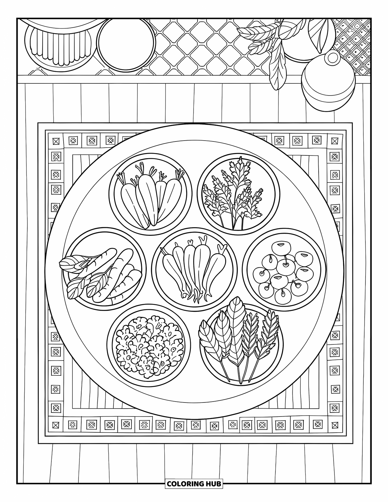 Vegetable Coloring Page for Adults: Top-down view of a round table with bowls, herbs, and bread on a patterned rug