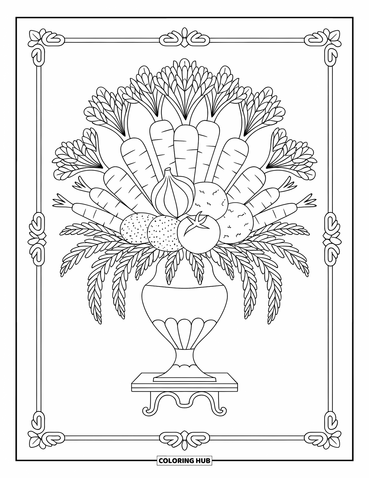 Vegetable Coloring Page for Adults: Veggies arranged in a vase sit on a wooden stand with a leafy decorative border