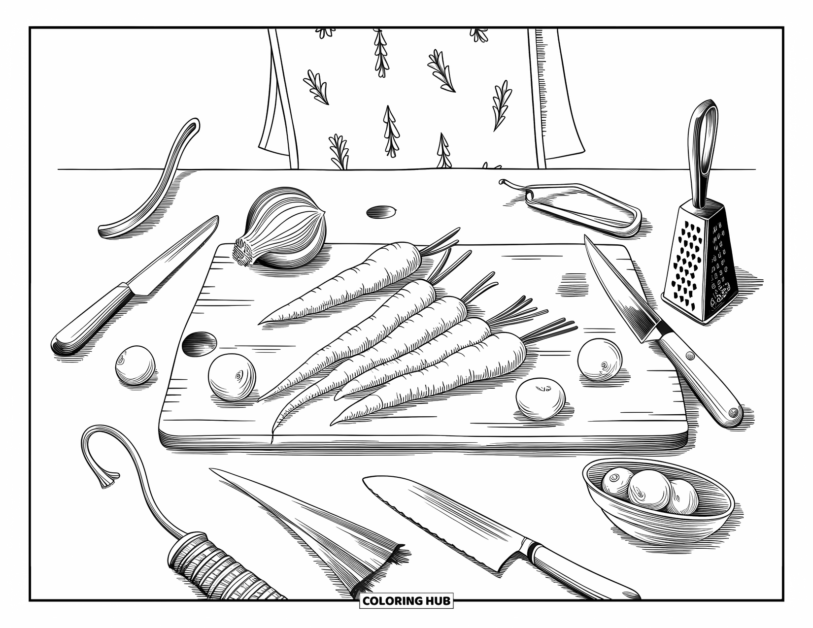 Vegetable Coloring Page for Adults: Vintage kitchen tools and veggies rest around a cutting board with artistic, patterned details