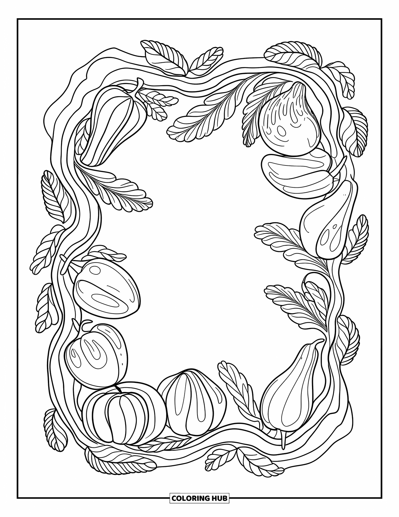 Vegetable Coloring Page for Adults: Winding vines and vegetables form a flowing border filled with soft, leafy patterns