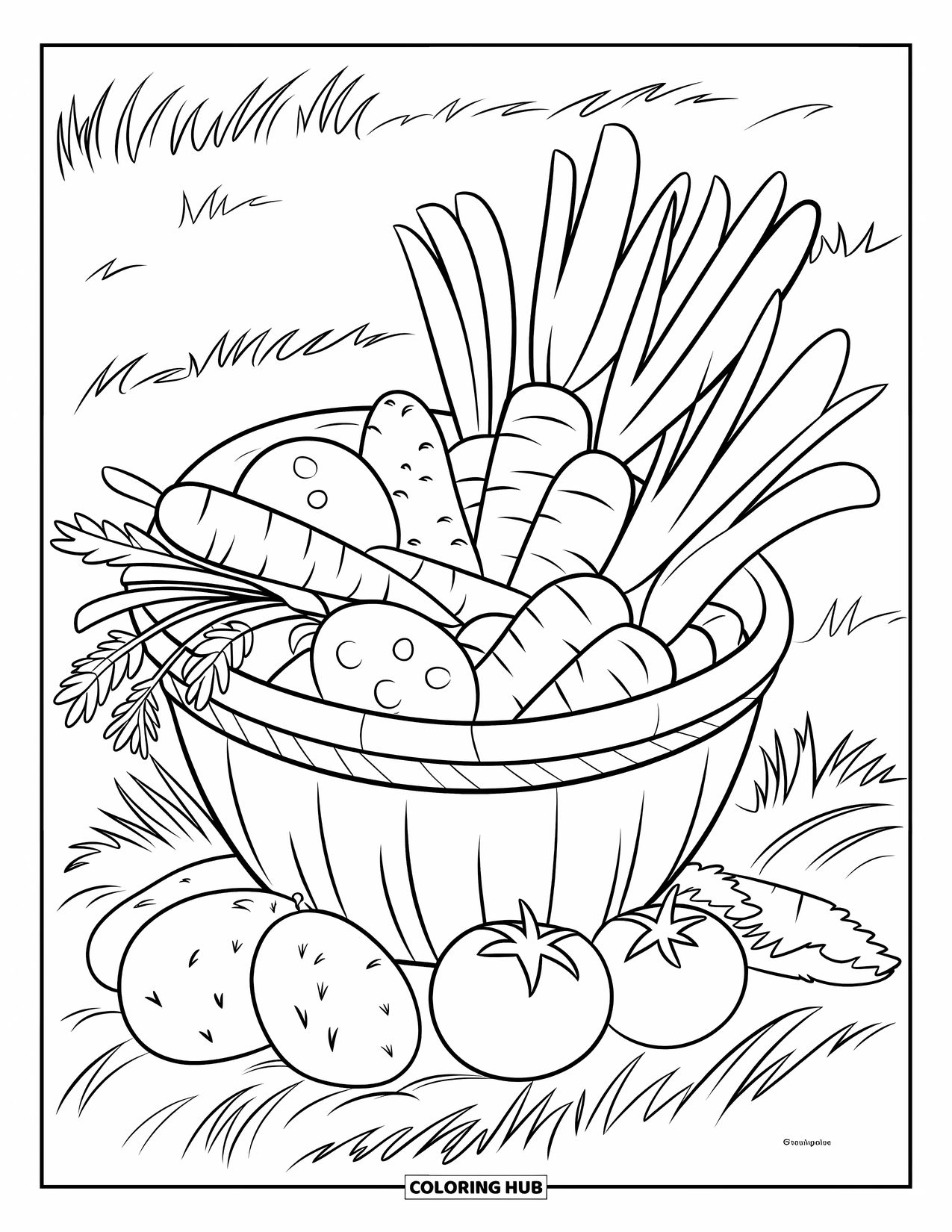 Vegetable Coloring Page for Kids: A basket of fresh veggies sits on grass, filled with carrots, onions, and potatoes