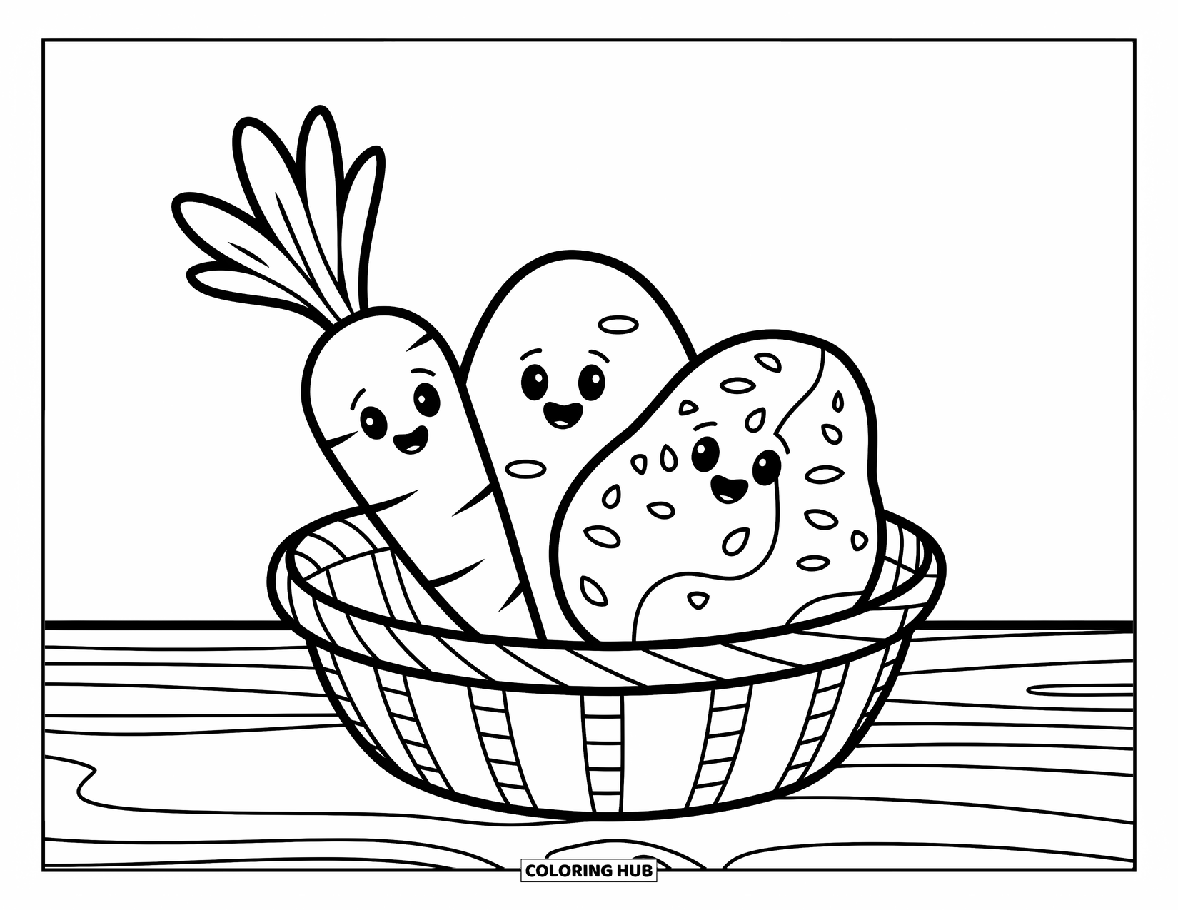 Vegetable Coloring Page for Kids: A basket on wood holds a carrot, potato, and sweet potato with bold outlines