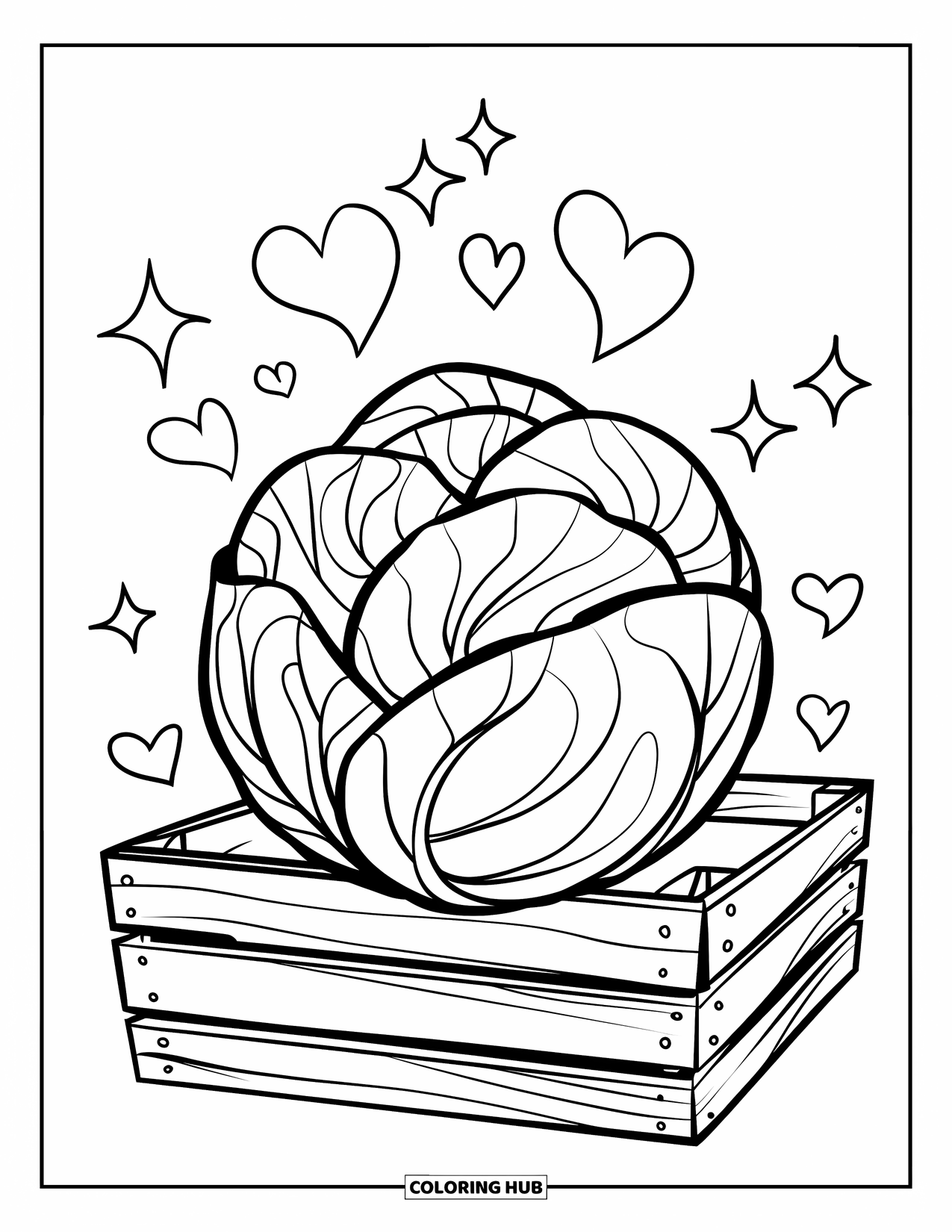 Vegetable Coloring Page for Kids: A cabbage with curling leaves sits on a crate surrounded by stars and hearts