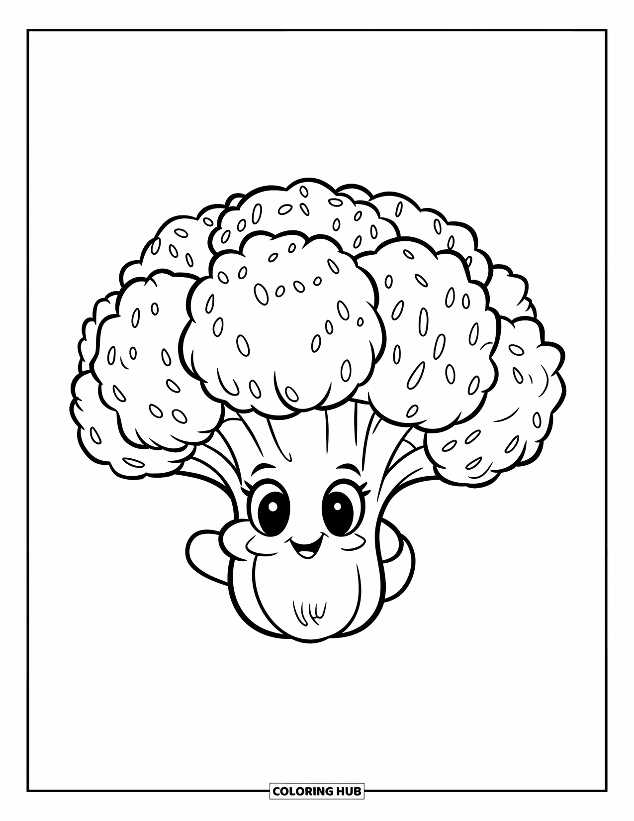 Vegetable Coloring Page for Kids: A cheerful broccoli with rounded florets and a sturdy stalk rests happily