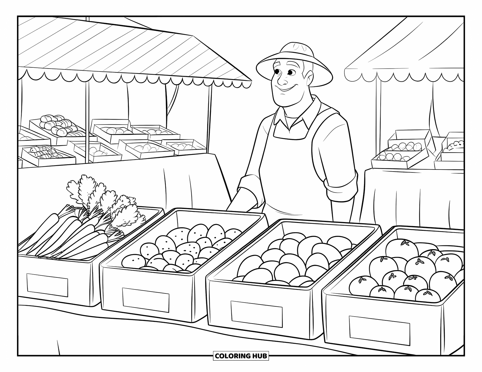 Vegetable Coloring Page for Kids: A cheerful farmer stands behind a veggie stand filled with labeled crates of produce