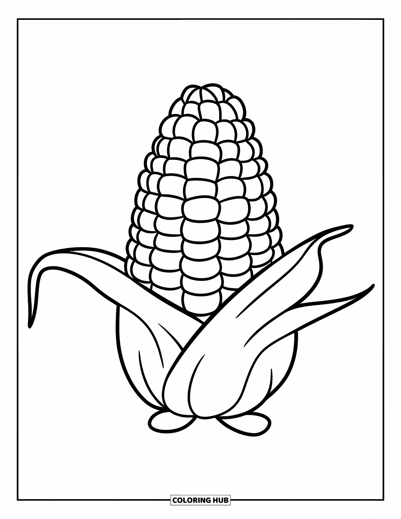 Vegetable Coloring Page for Kids: A chubby corn with big kernels stands happily with a cheerful vibe
