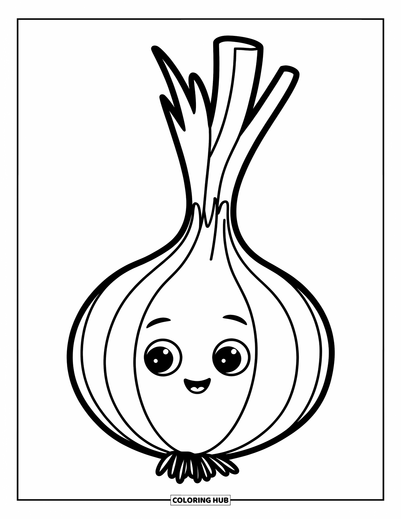 Vegetable Coloring Page for Kids: A cute onion with sprouting greens sits quietly with soft lines and gentle curves