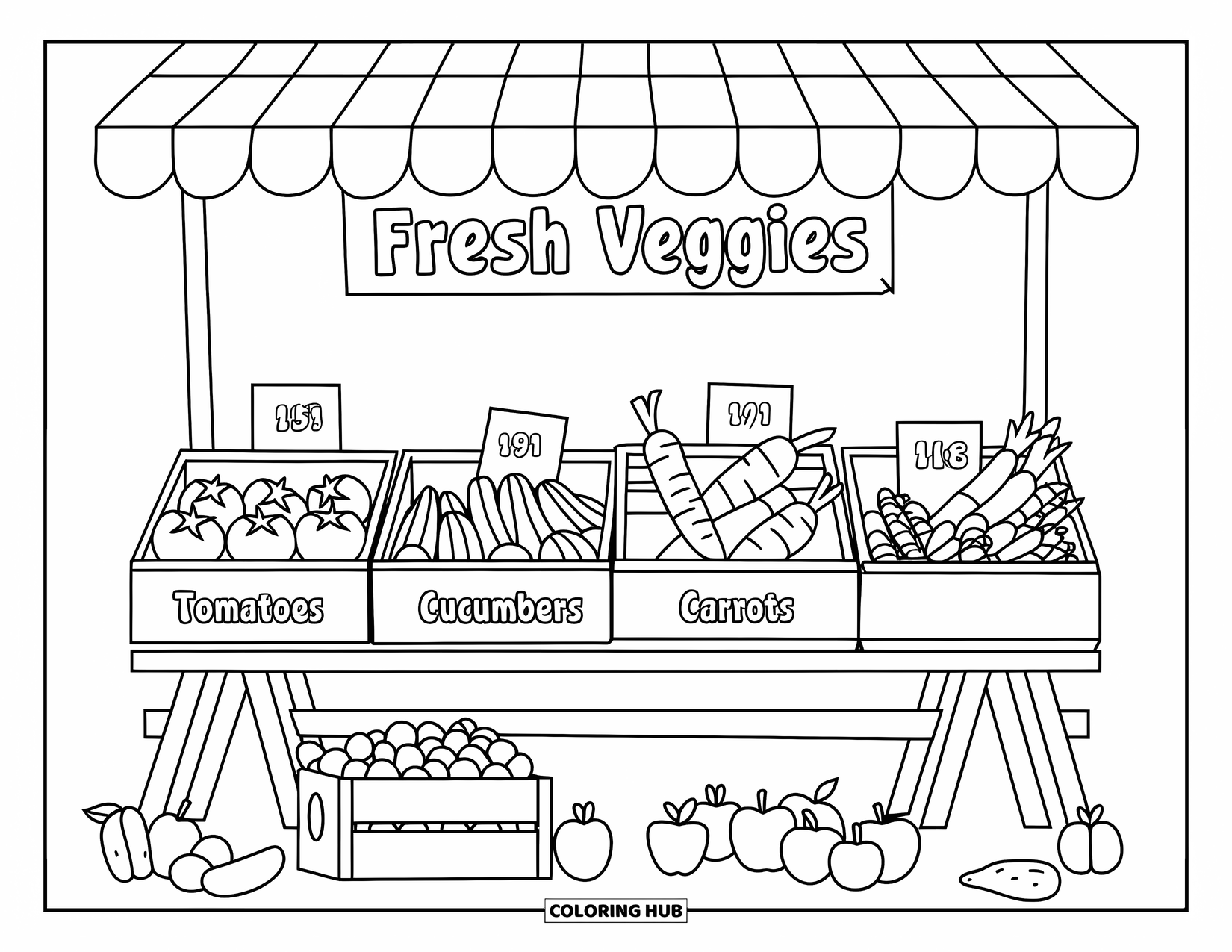 Vegetable Coloring Page for Kids: A fresh veggie stand displays smiling produce and fruits in crates at the market