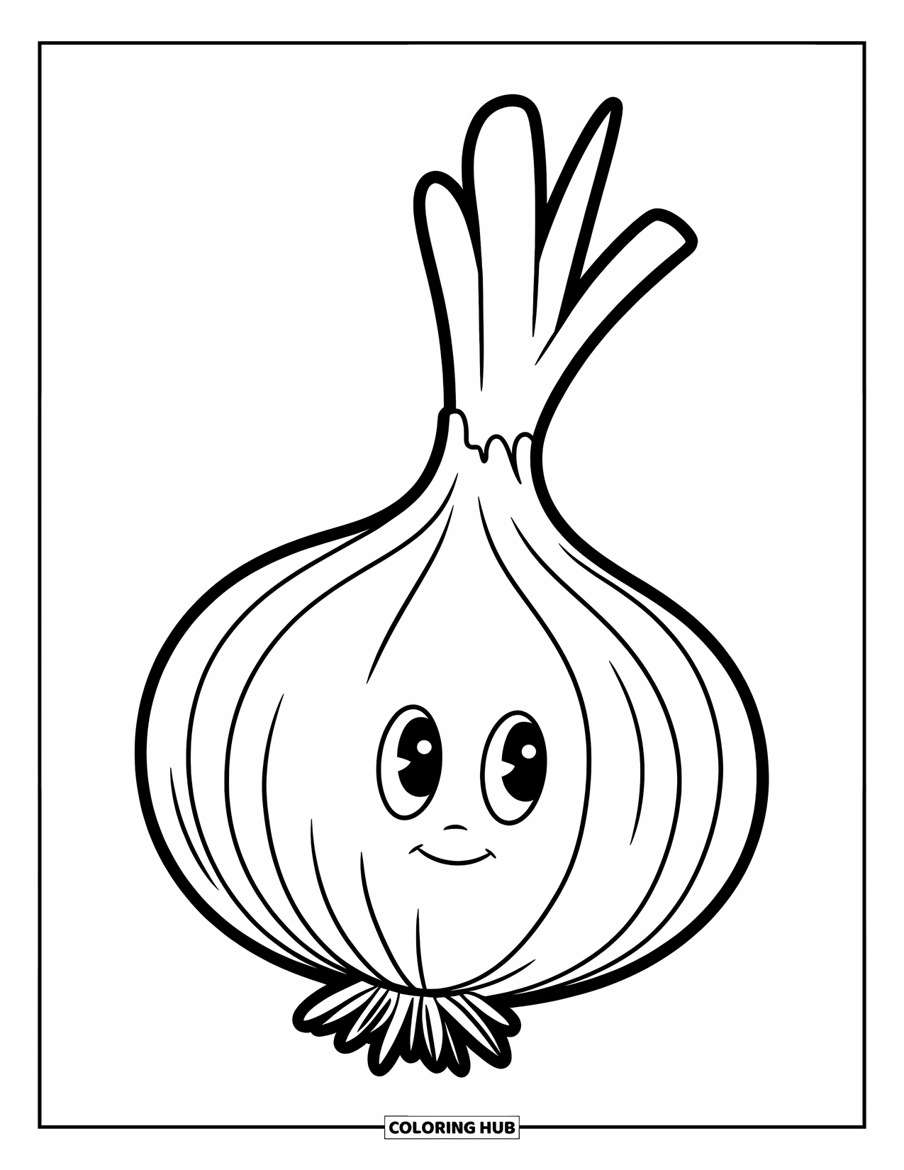 Vegetable Coloring Page for Kids: A friendly onion with soft rings and sprouts smiles in a clear and cheerful design