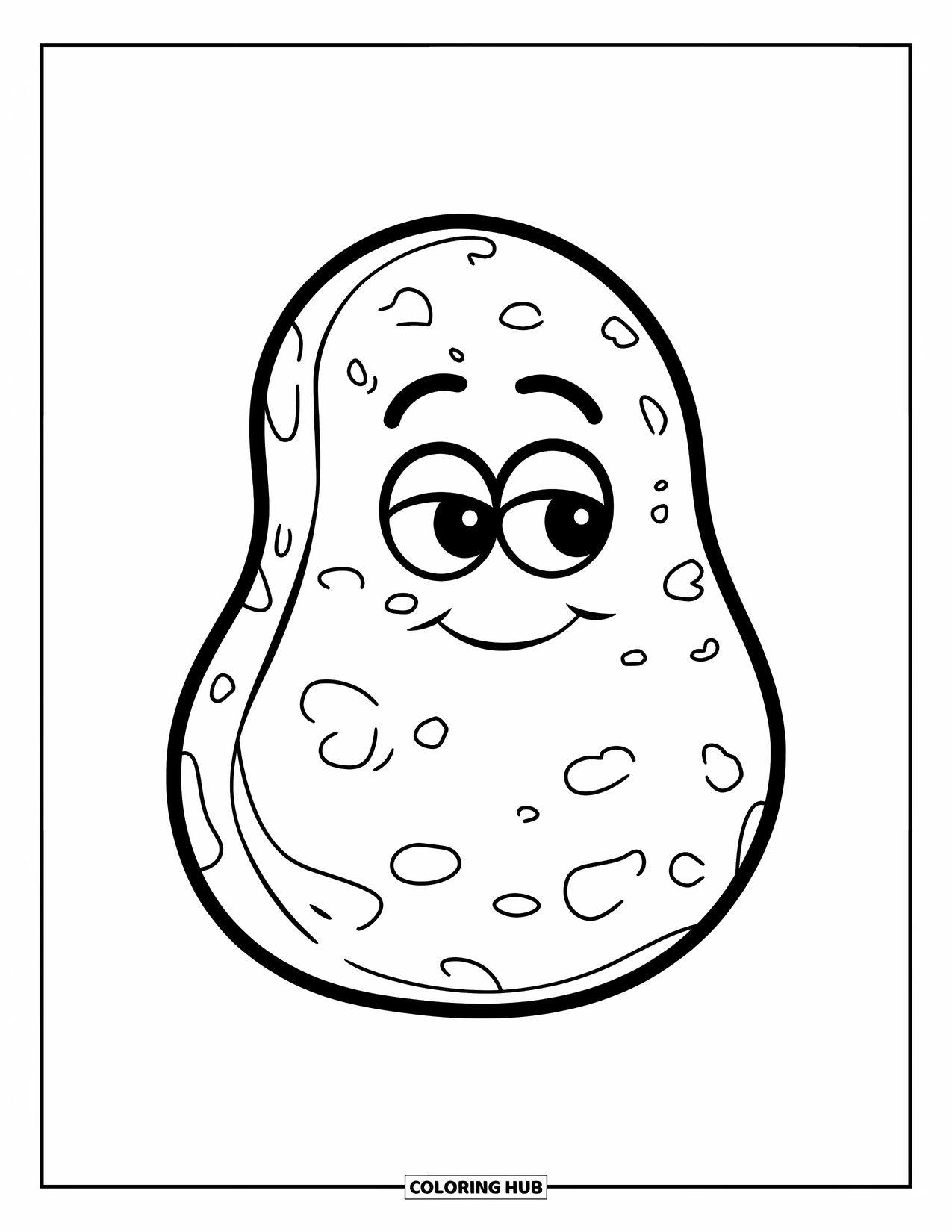Vegetable Coloring Page for Kids: A friendly potato with little bumps and big cartoon eyes sits relaxed